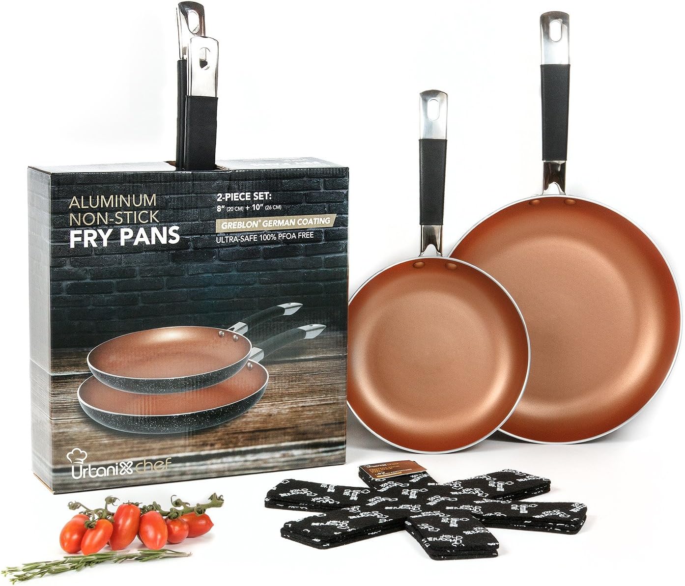 UrbanixChef Frying Pans . Superior German Greblon Non-stick Coating Copper Color. 2 Pcs - 8 and 10 Inch.100% PFOA Free,Induction Compatible , Oven Safe. Bonus 3 pc.11 Inch Pan Protectors