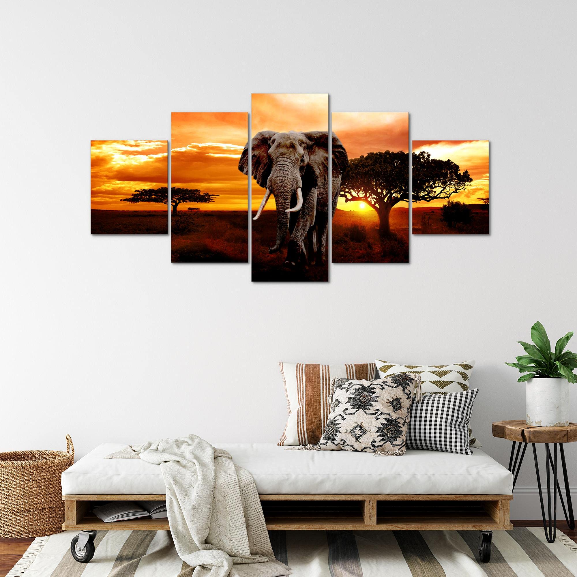 Runa Art - Bilder Afrika Elefant 200 x 100 cm 5 Teilig XXL Wanddekoration Design Orange 001251a