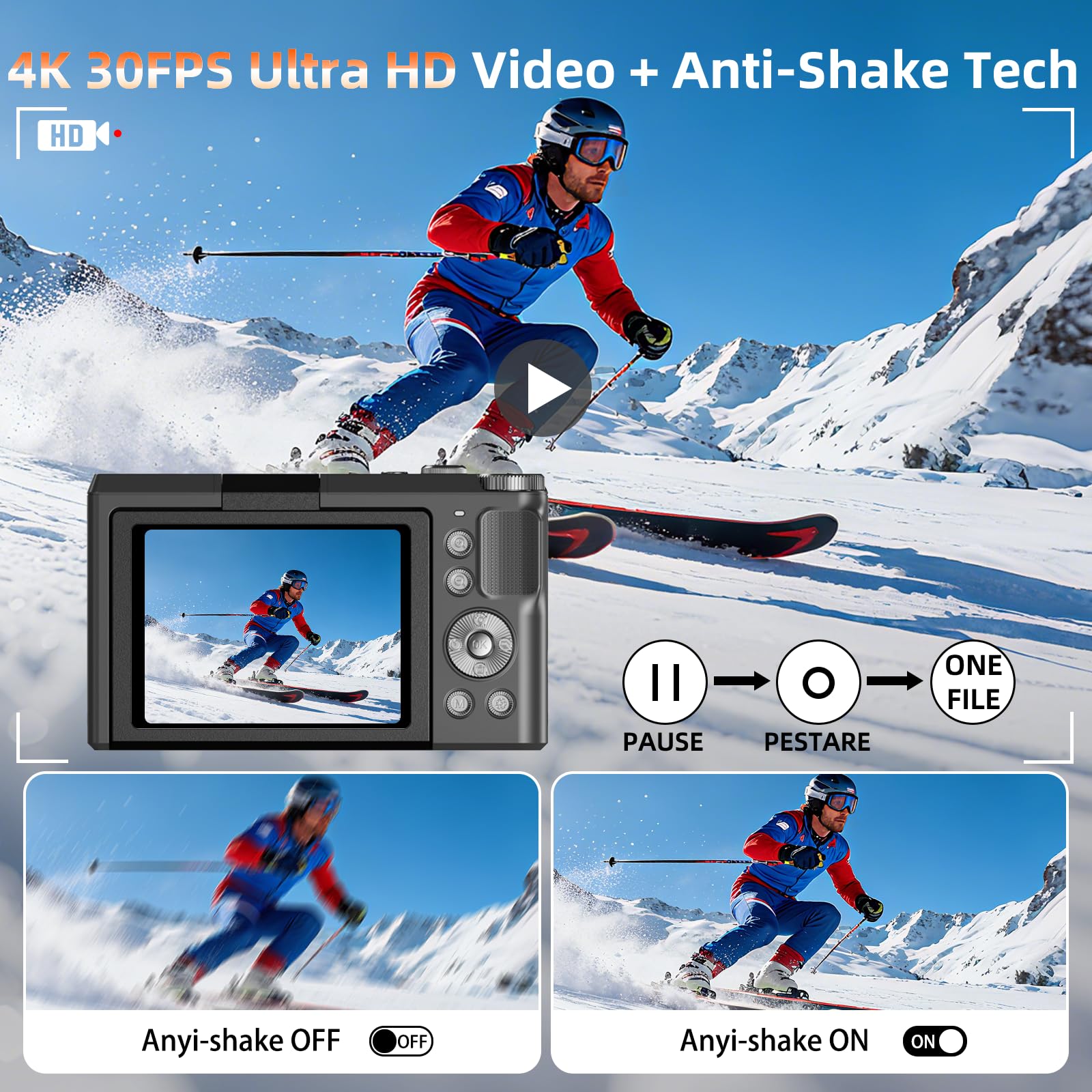 Fotocamera digitale 4K per fotografia e vlogging, autofocus da 56 MP, schermo flip a 180°, zoom 16x, fotocamera compatta da viaggio per bambini, ragazzi e principianti, scheda da 32 GB, tipo C