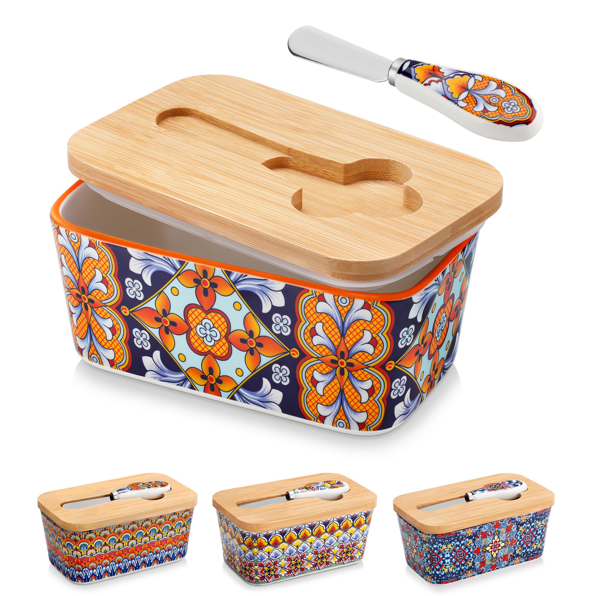 vancasso SIMI Butterdose, Hochwertige Butterglocke, Butterdose Keramik mit Messer und Holzdeckel, Böhmischer Butterschale 16.5 x 9.7 x 8cm
