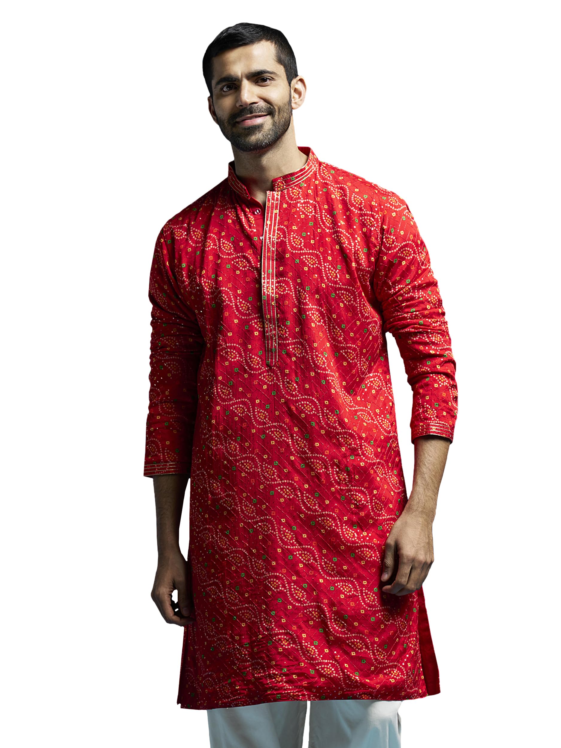 vastramay Men's Red Chinon Kurta | Chinon Printed Embroidered Secuenced Kurta for Men.-picture-26