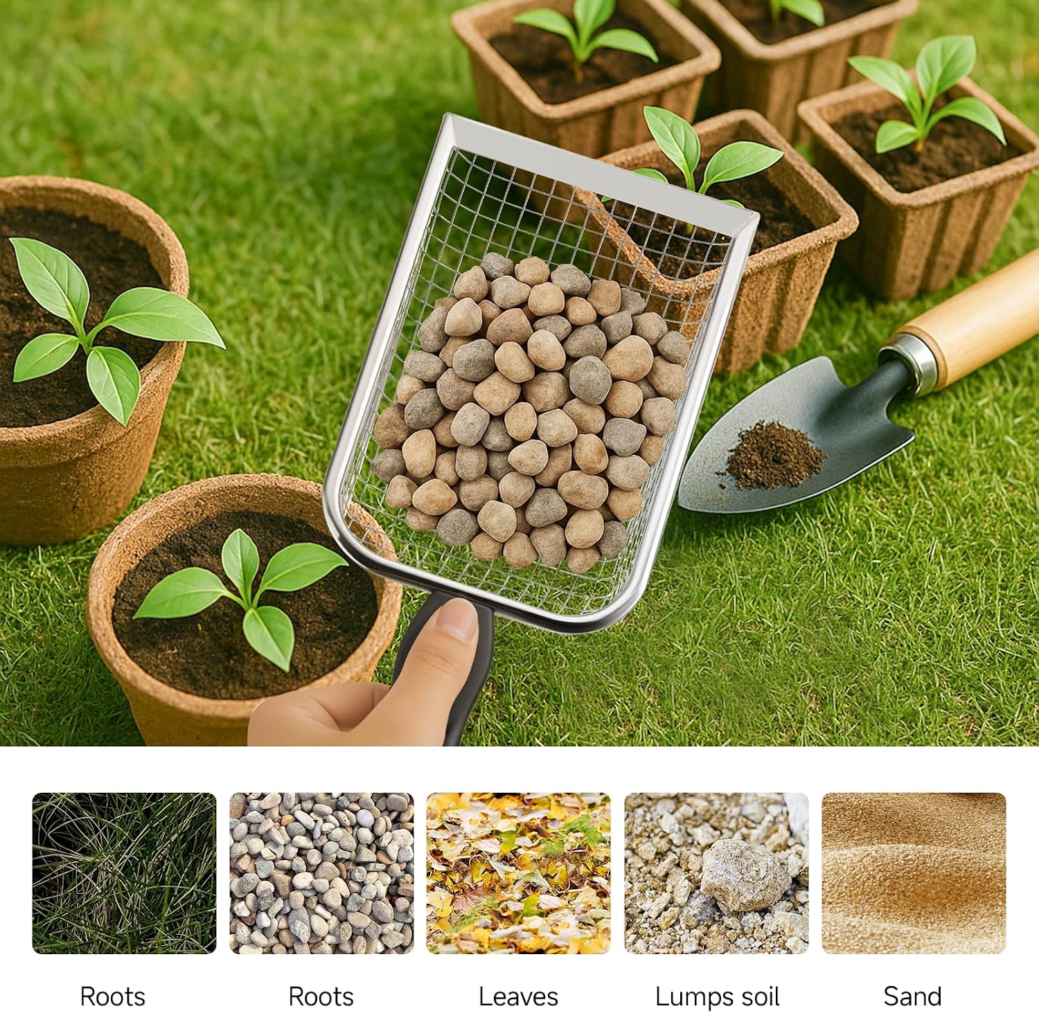 Gardening Soil Sifter (2-Pack), Dirt Sifter Compost Sifter with 3.8mm & 5mm Mesh, Metal Rock Sifter Sand Sifter Garden Tool with Ergonomic Handle