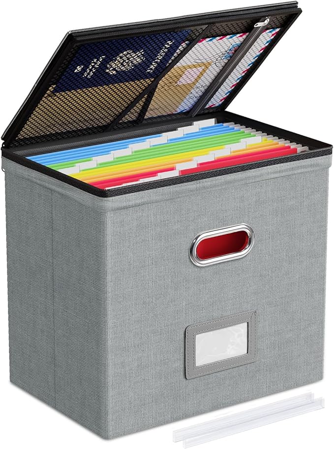 Oterri — Boîte zippée pour dossiers format Lettre avec couvercle, poches en maille et poignée (gris)