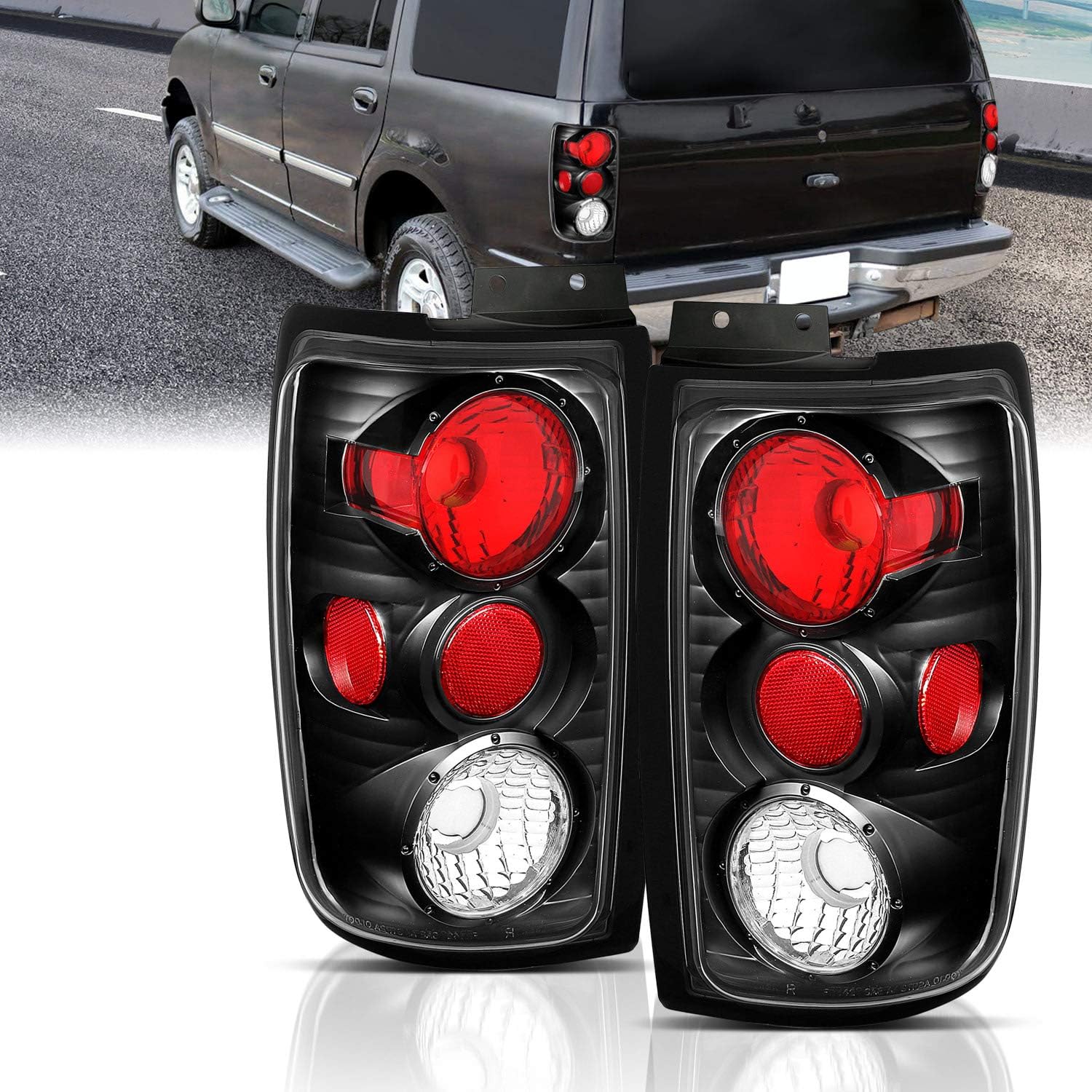 AmeriLite Black Replacement Brake Tail Lights Set for 1997-2002 Ford Expedition - Passenger and Driver Side