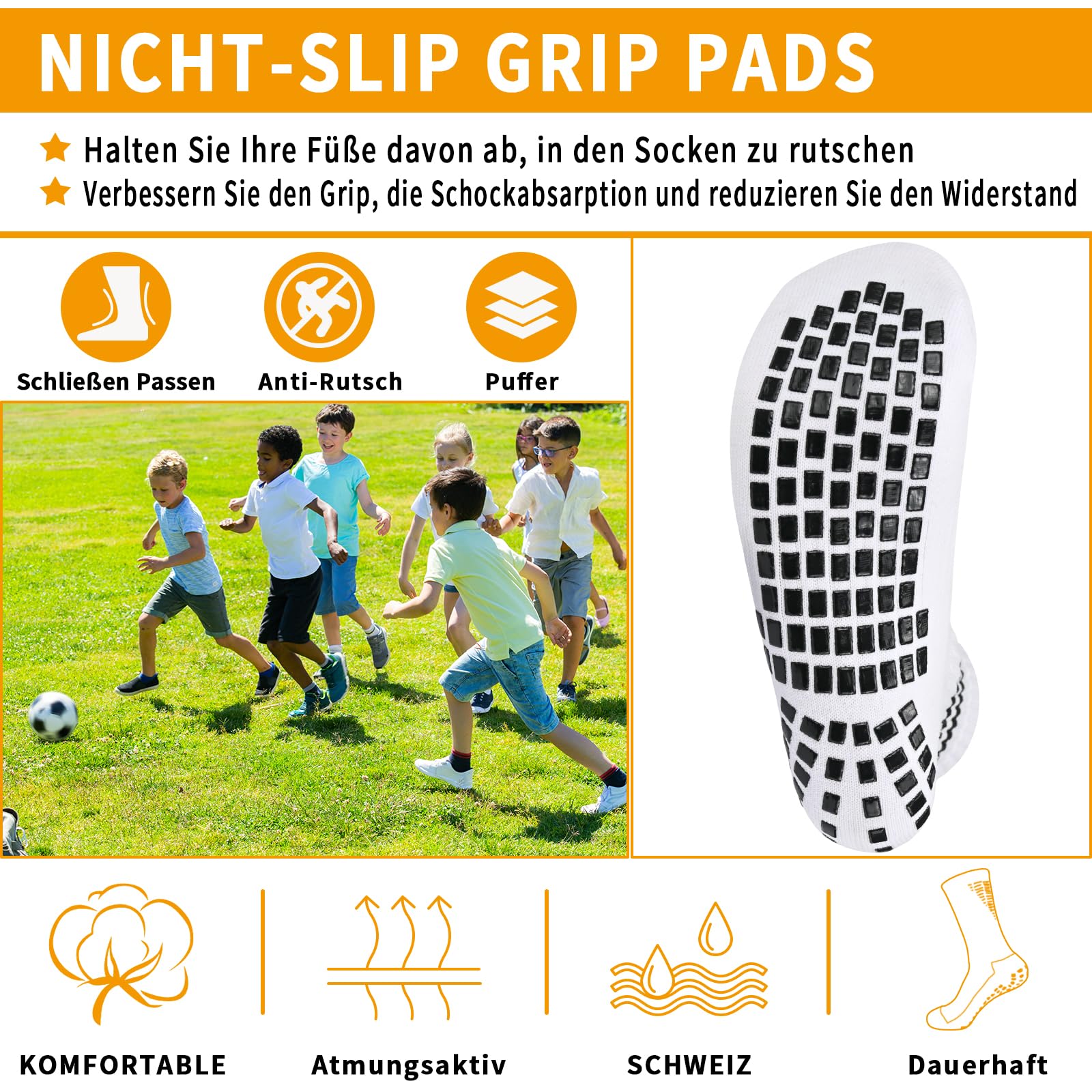 Lot de 3 paires chaussettes football antidérapantes garçon Blanc Noir 31-34 35-38