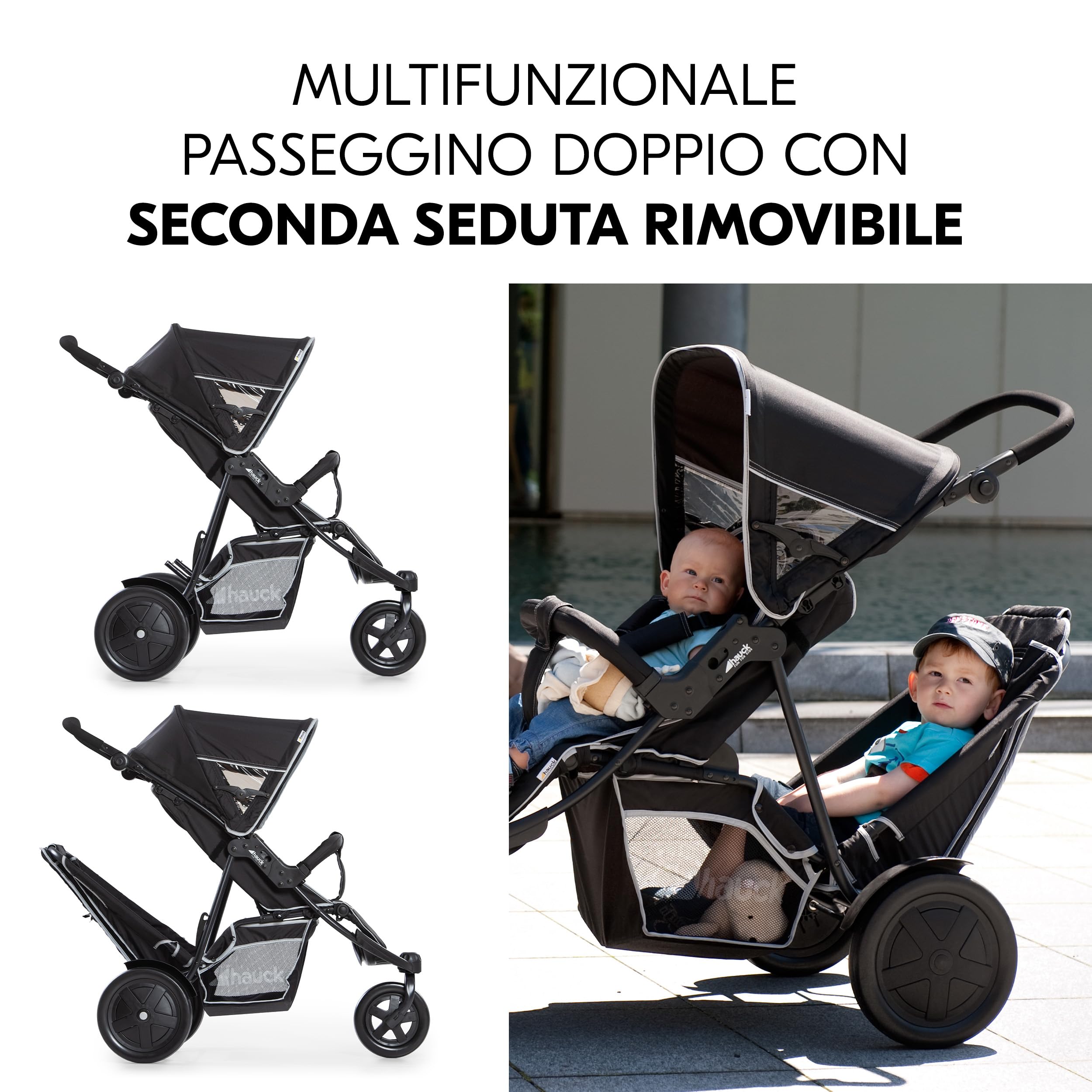 hauck Freerider, Nero - Passeggino 3 Ruote Fratellare Tandem per 2 Bambini Età Diversa, Sedile Superiore dalla Nascita, Seduta in Basso dai 6 Mesi, Maniglione Regolabile, Pieghevole, Grande Cesto
