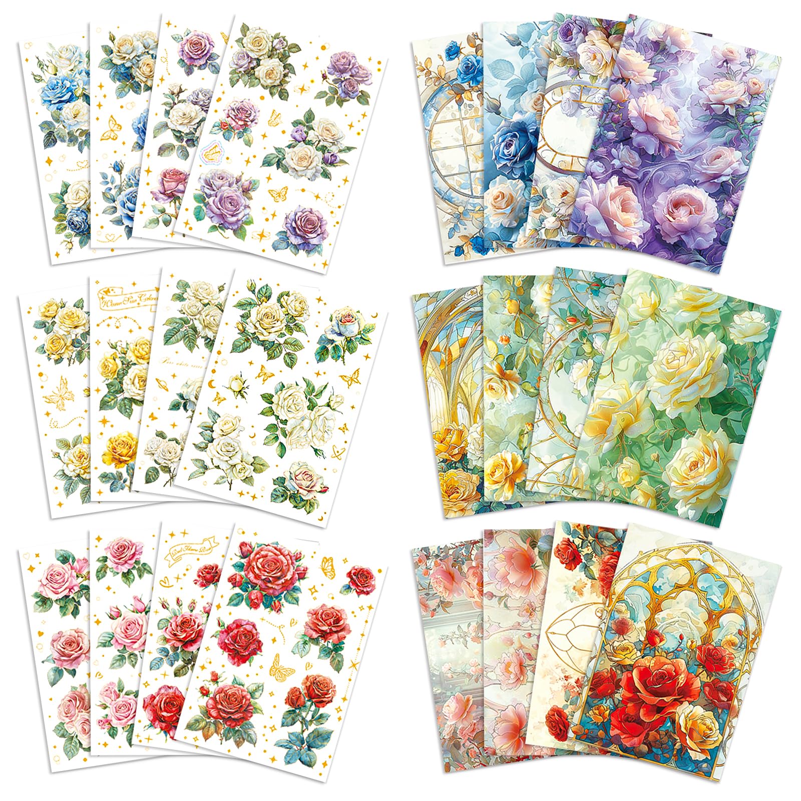 Binyuellr 6 Pack(84 Pieces,24sheet) Large Flower Stickers Set for Scrapbooking, Colorful Decorative Decals for DIY Craft Scrapbook Supplies Stickers