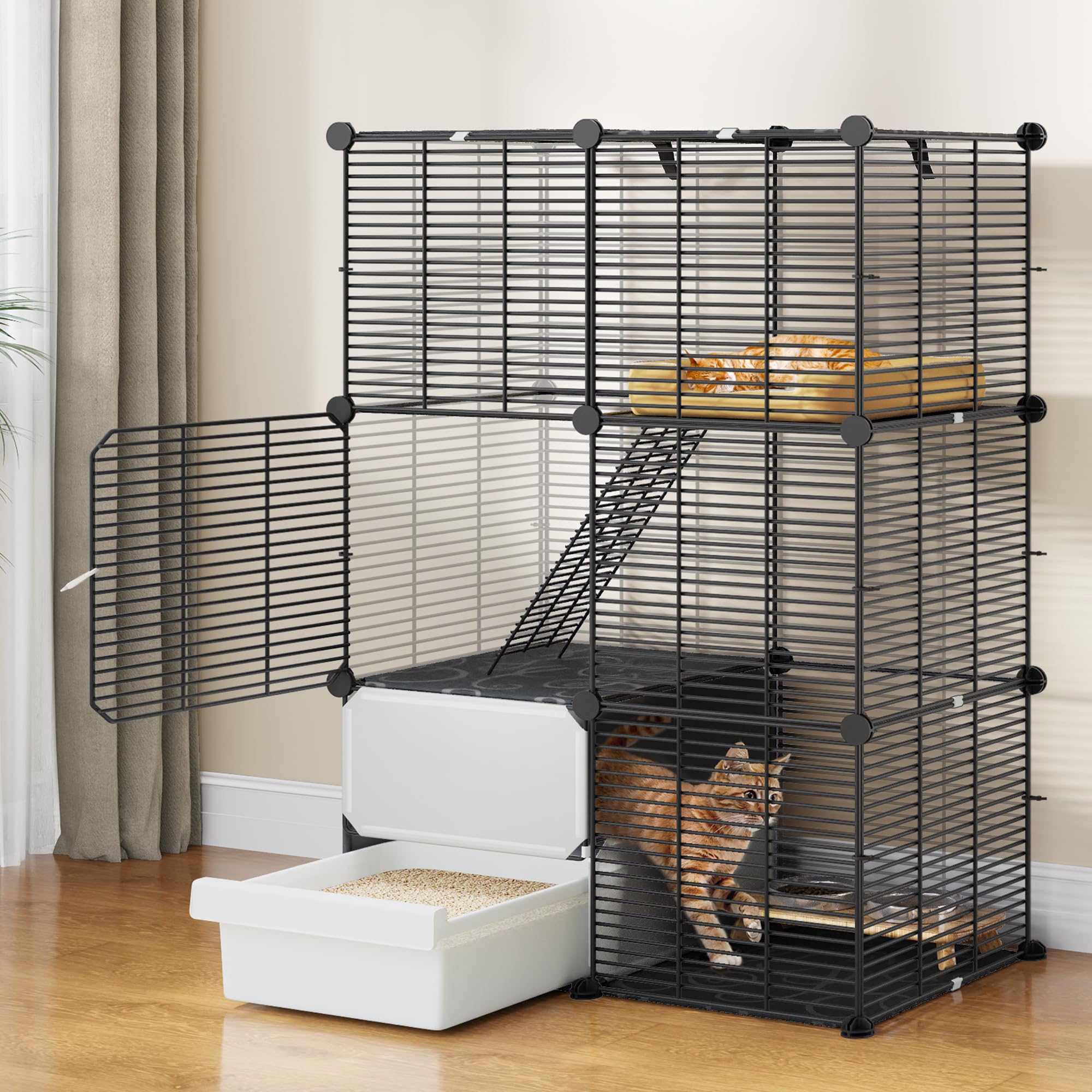 YITAHOME 3-Tier Cat Cage with Litter Box: DIY Indoor Kitten Enclosure Cat House for 1-2 Small Cats, Black