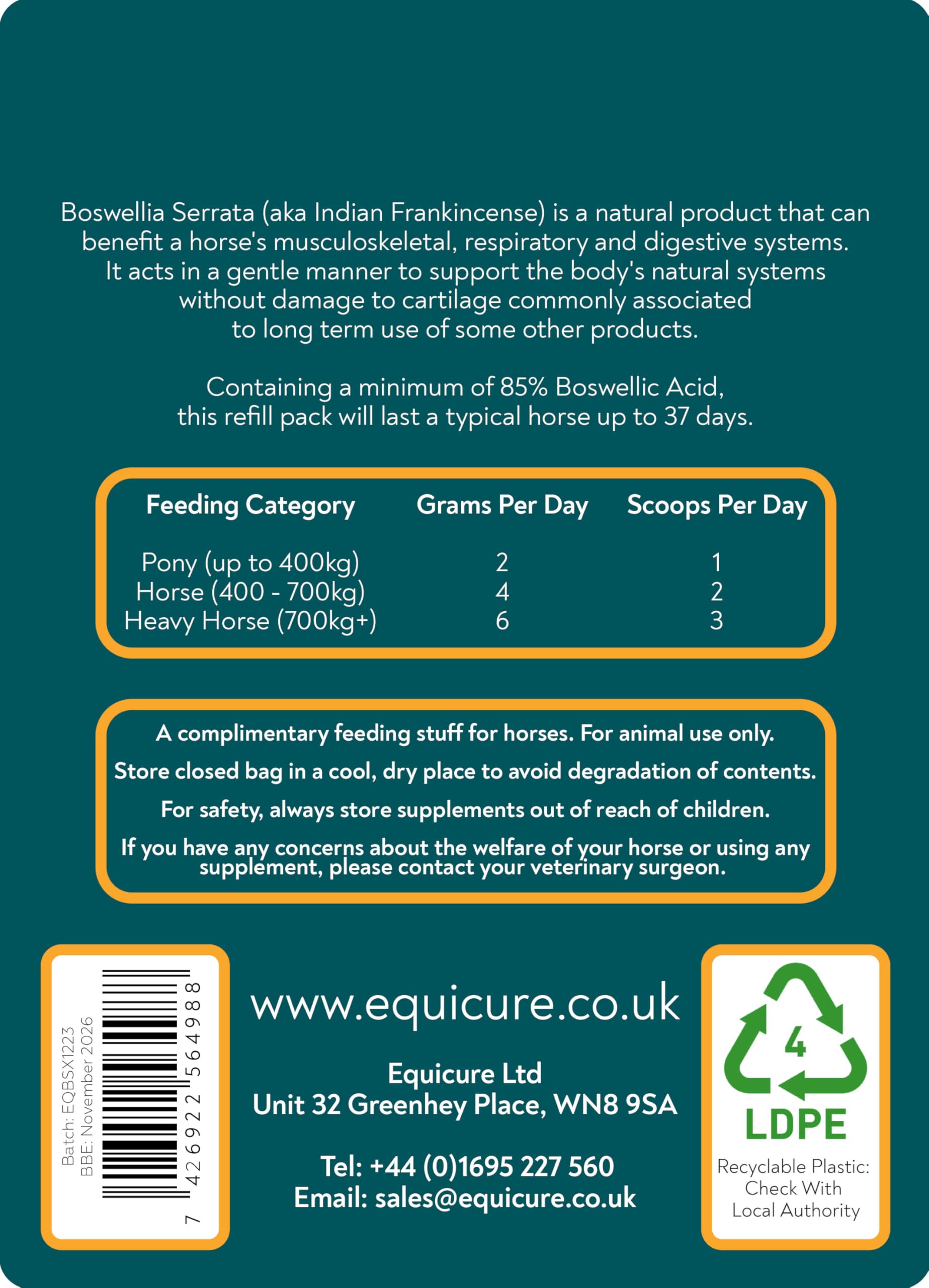 Boswellia Serrata Poudre concentrée pour cheval/poney (recharge de 150 g)