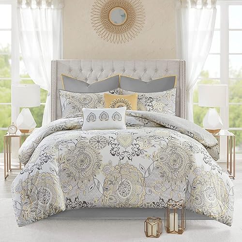 Madison Park Juego de edredón reversible de algodón, ropa de cama para todas las estaciones, falda de cama a juego, almohadas decorativas, Queen (90
