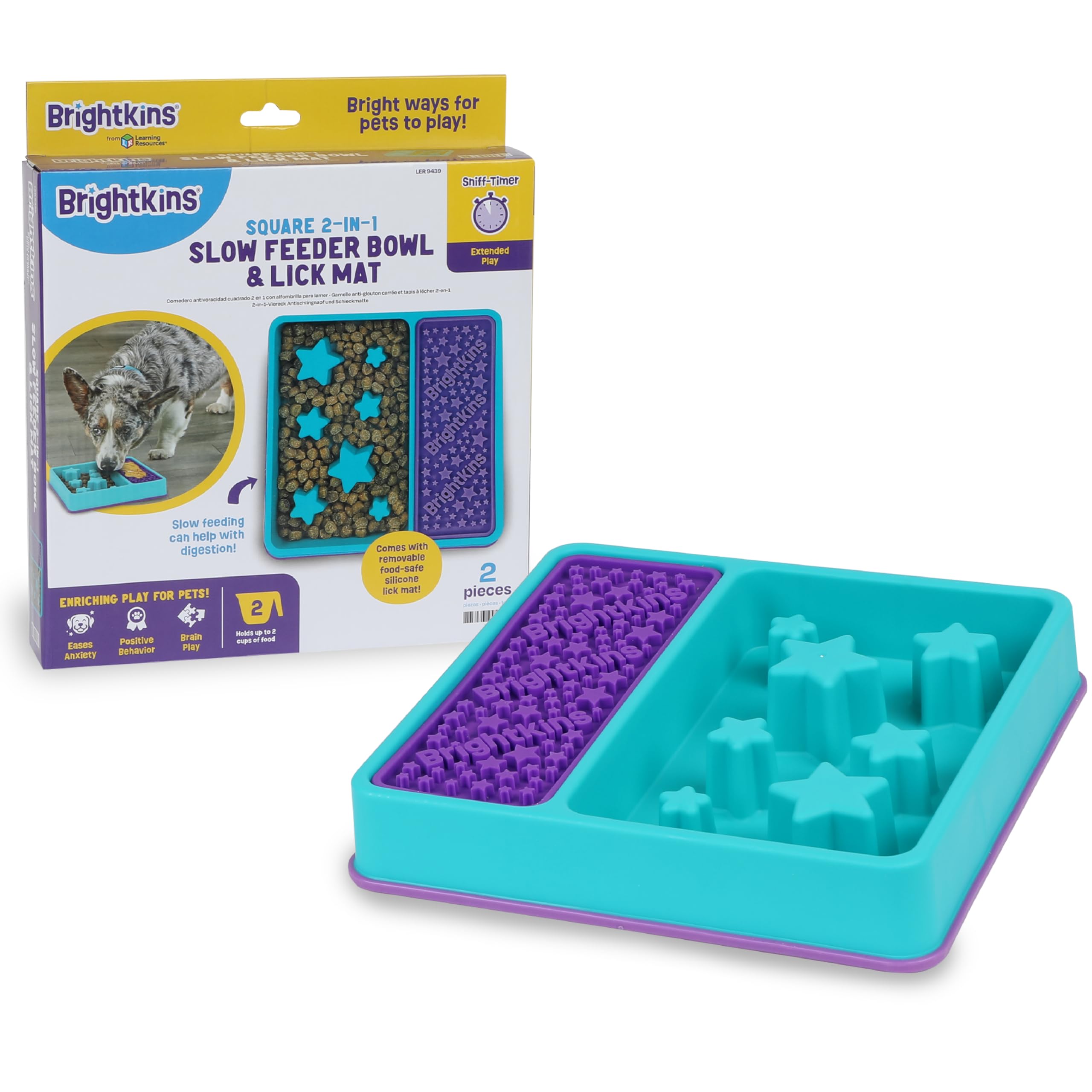 Brightkins Square 2-in-1 Slow Feeder Bowl & Lick Mat, Interactive Dog Toy, Lick Mat for Pet Training, Slow Release Dog Feeding Mat