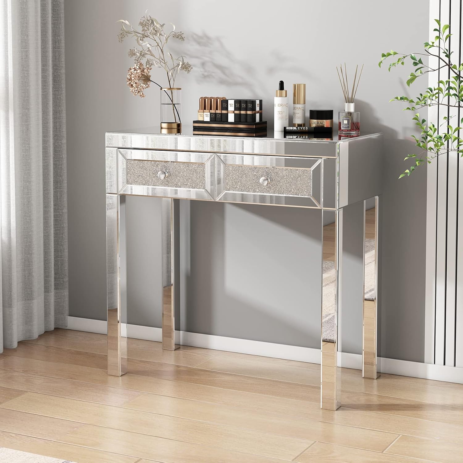 intahic Mirrored Desk Sparkling Silver Vanity Makeup Table