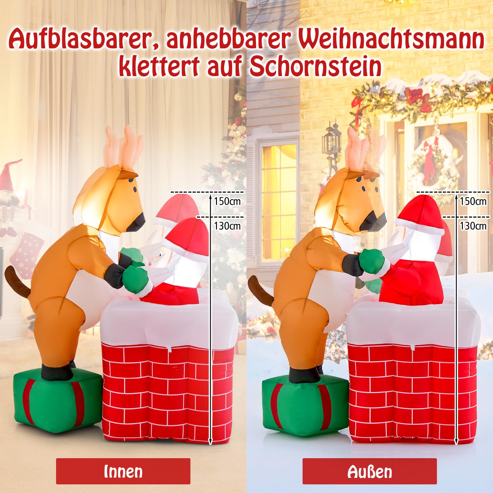 COSTWAY 155cm Aufblasbare Weihnachtsdeko höhenverstellbar, LED Weihnachtsmann und Rentier Weihnachtsdekoration aufblasbar draußen, Weihnachten Deko für Hof, Garten und Rasen