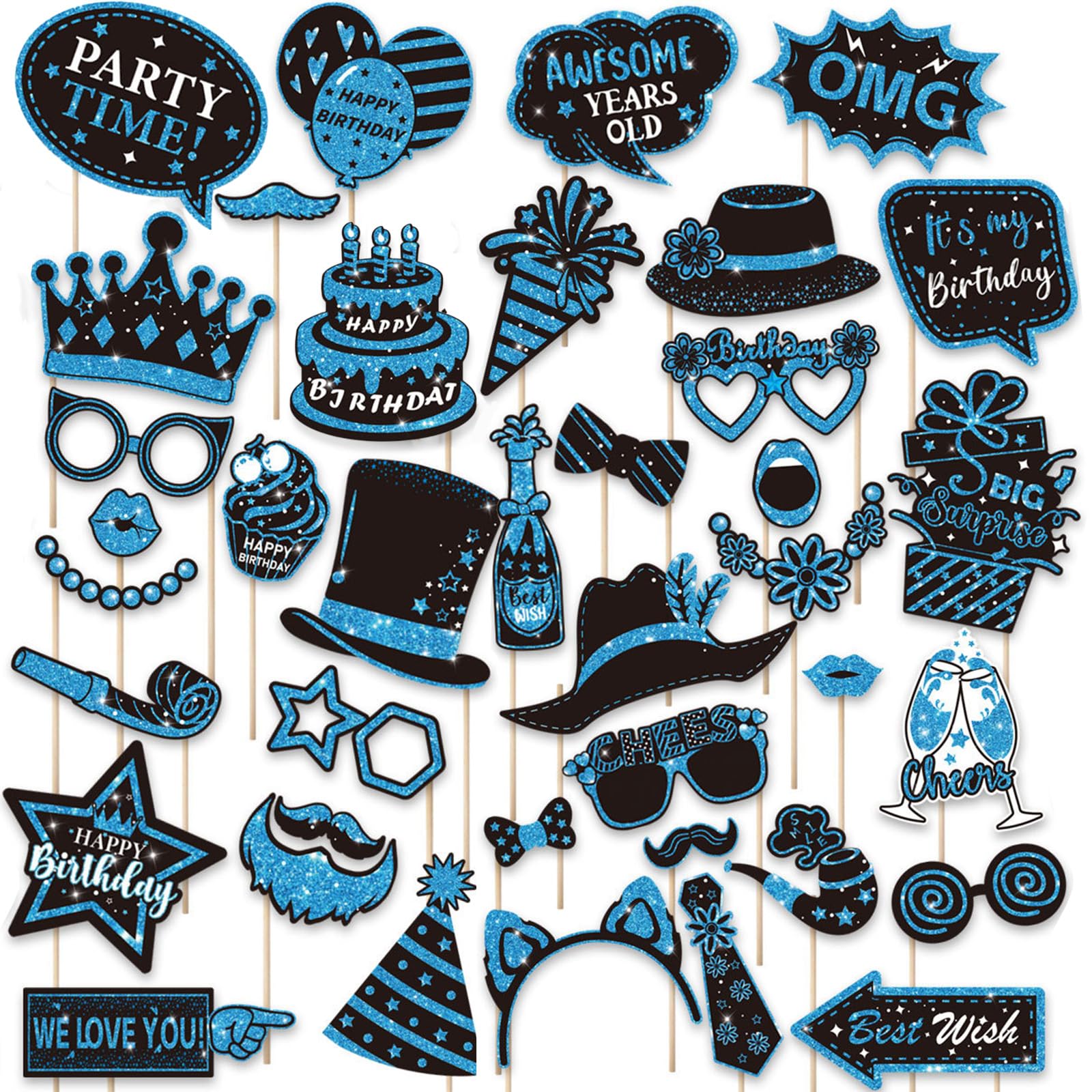 AURALIN Birthday Photo Booth Props 38 Pieces, Party Accessories Kit with Selfie Signs, Moustache, Hats, Crowns and Speech Bubbles for Birthday Decorations, Pink Blue Gold Purple Options (Blue)