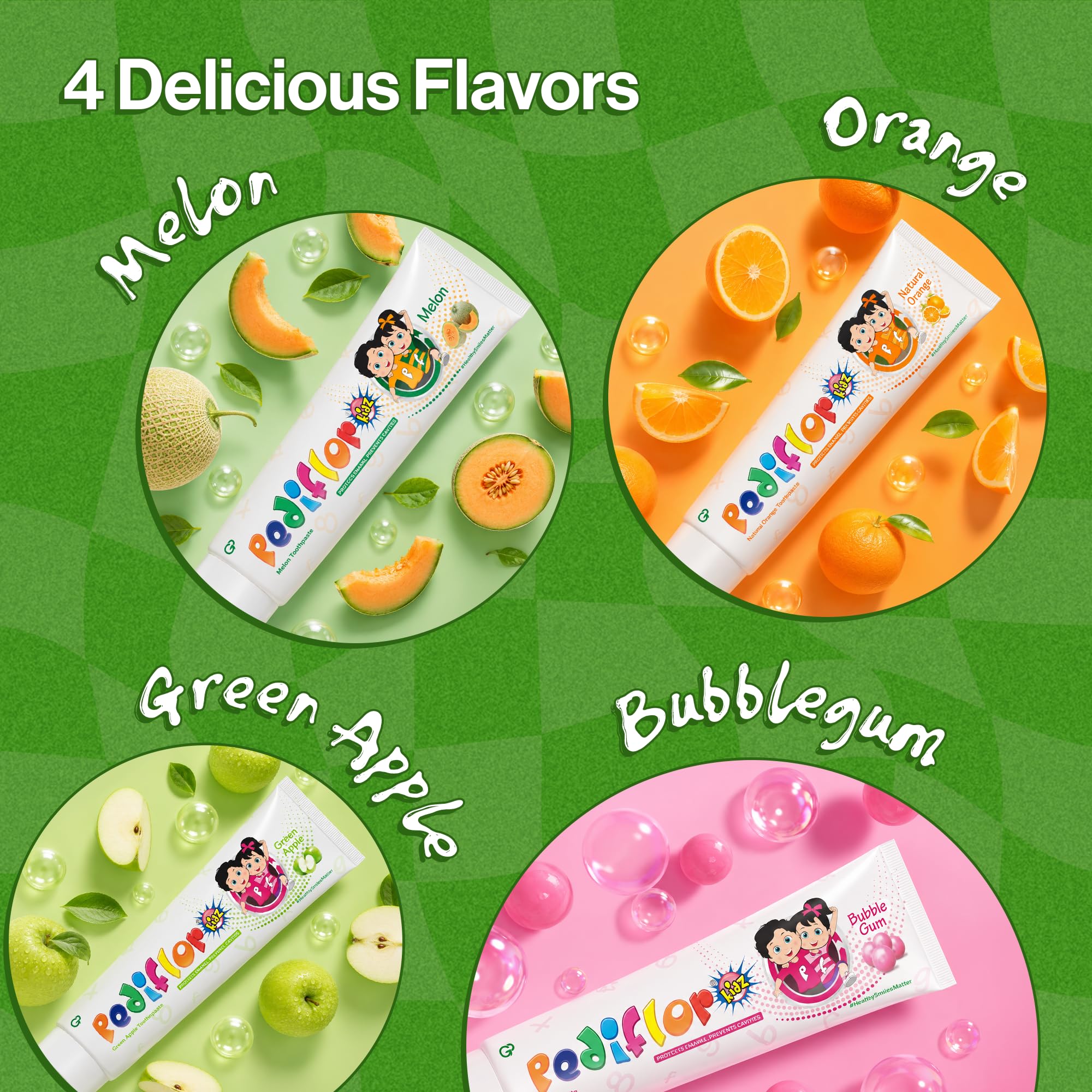 PediflorKidz Green Apple Flavor Anticavity Fluoride Toothpaste for children | Family combo pack | Vegan Friendly (Pack of 4) 70g each 4
