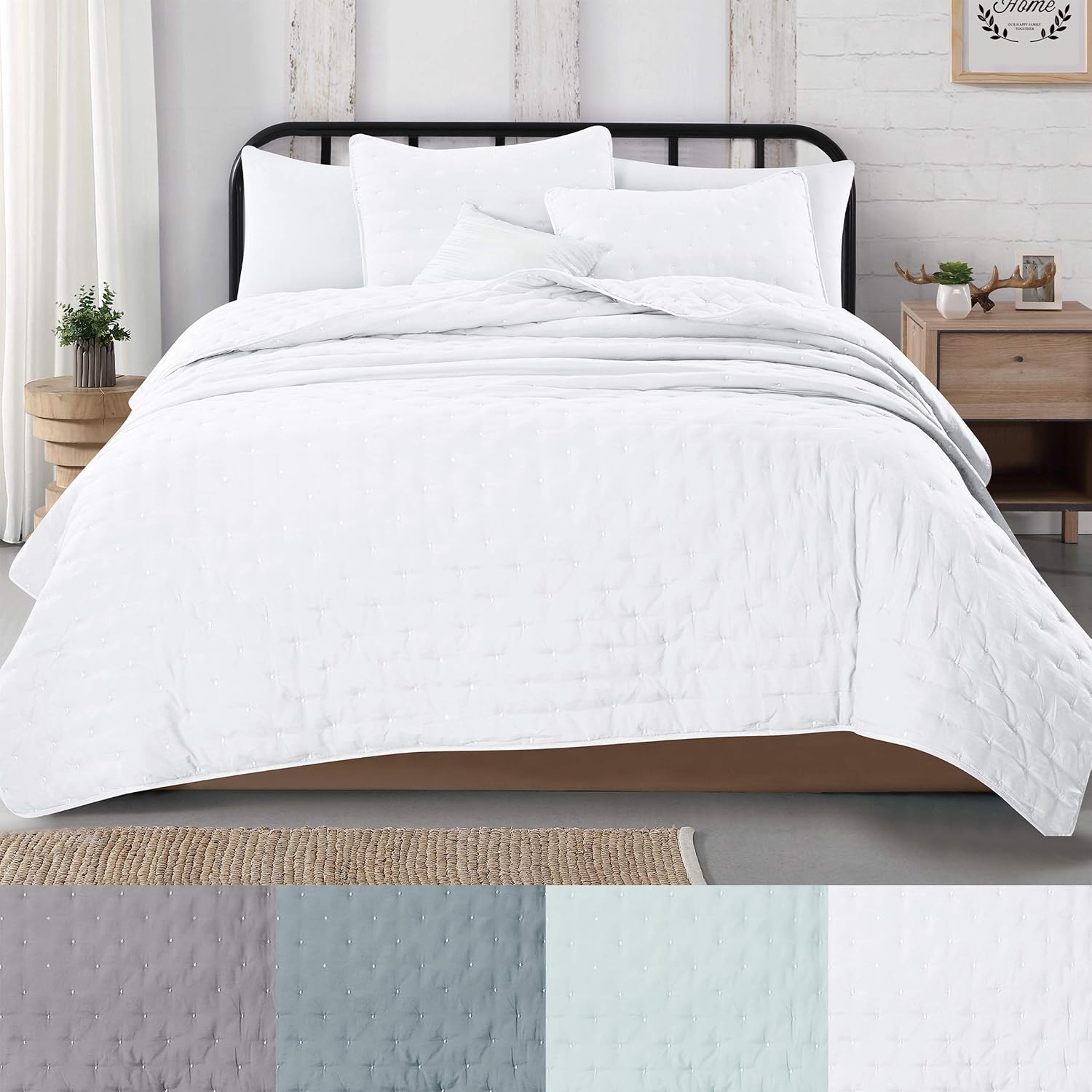 Great Bay Home 3-Piece Dot Stitch Quilt Set with Shams. White Dot Full/Queen Quilt Set, All Season Bedspread Quilt Set, Athena Collection (Full/Queen, White)