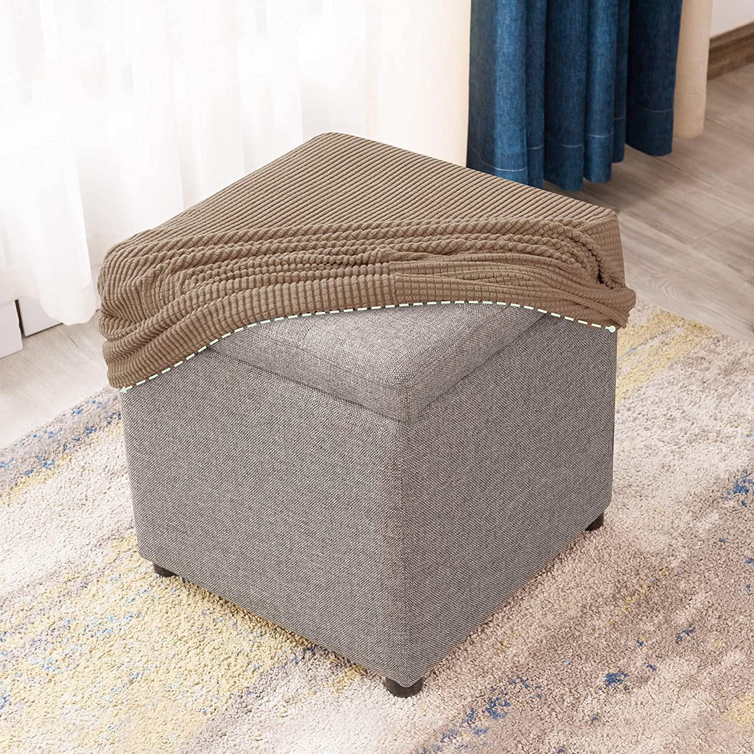 uyeoco Square Ottoman Slipcover Stool Covers Stretch Footstool Protector Covers with Elastic Bottom, Feature Textured Checked Fabric Machine Washable(H,38X38CM)