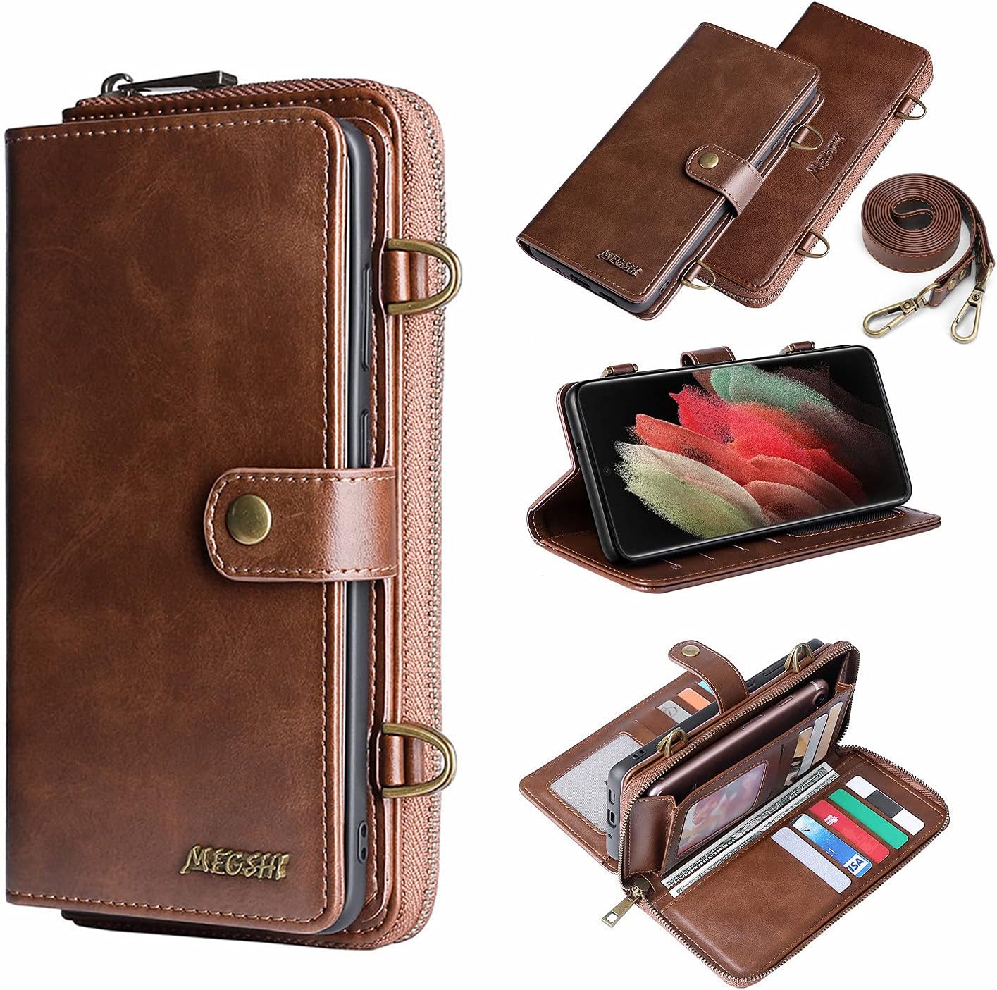 Wallet Case for Samsung Galaxy S21 Ultra, Multi-Function Zipper Leather Magnetic Pocket Wallet Case with Card Slots Holder, Detachable Flip Protective Cover with Crossbody Shoulder Strap (Brown)