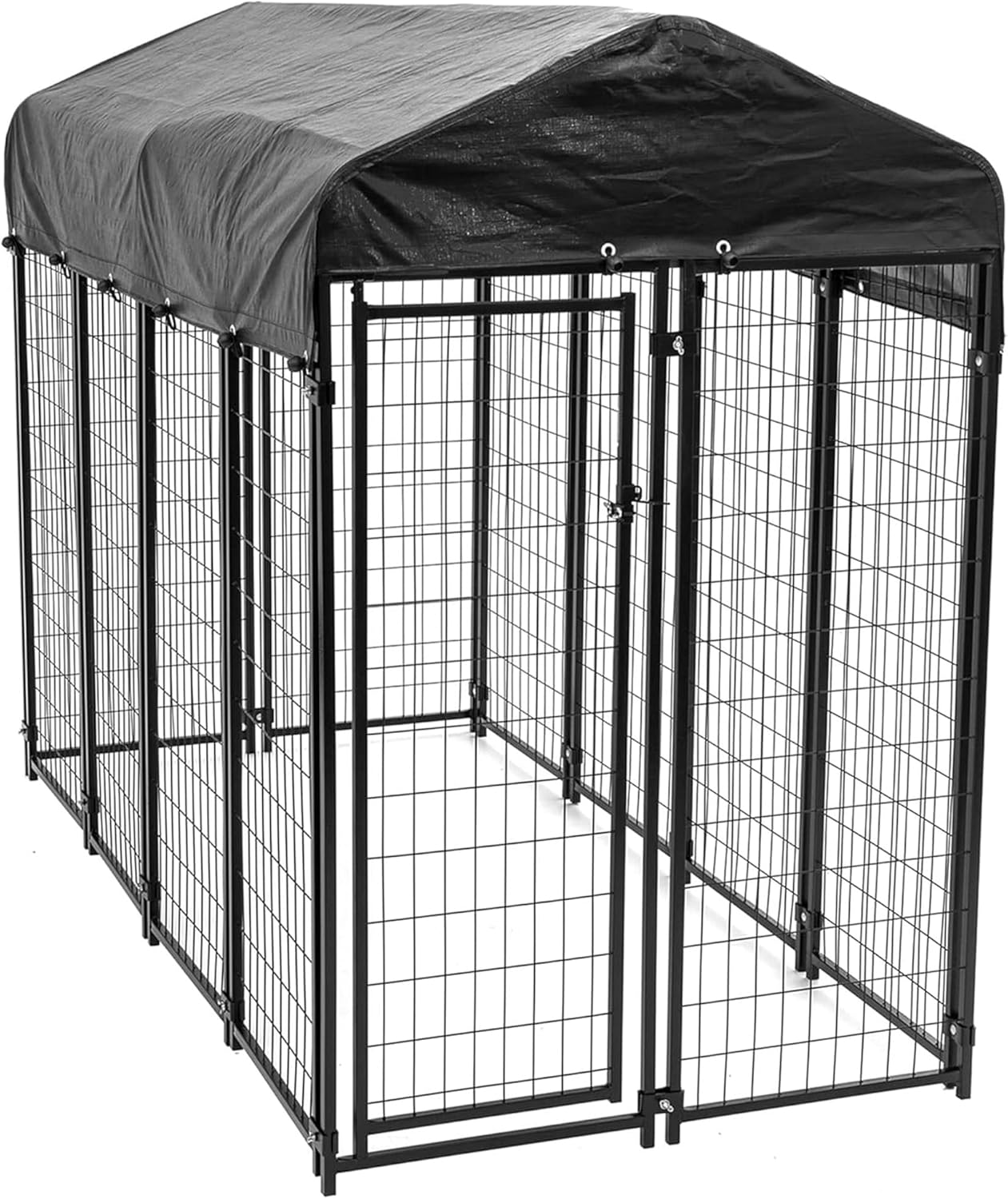 Lucky Dog 8' x 4' x 6' Large Outdoor Steel Frame Kennel and Playpen Enclosure with Black Canopy, Uptown Series - Heavy-Duty Pet Shed for Home and Yard - Protection from Sun, Snow, and Rain