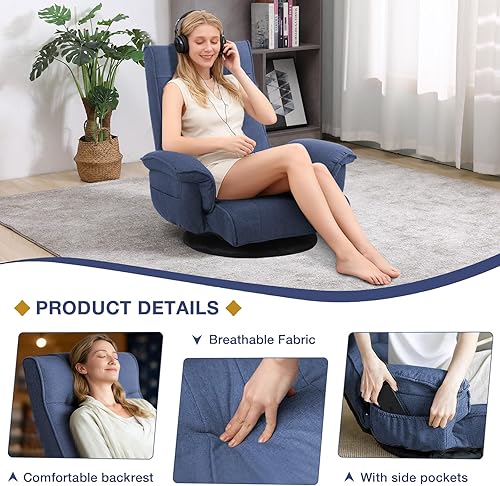 Miniatura 6 de Silla ergonómica de tela de lino, sofá cama reclinable de 6 posiciones con soporte lumbar, tumbona plegable con cojín grueso, reposabrazos y