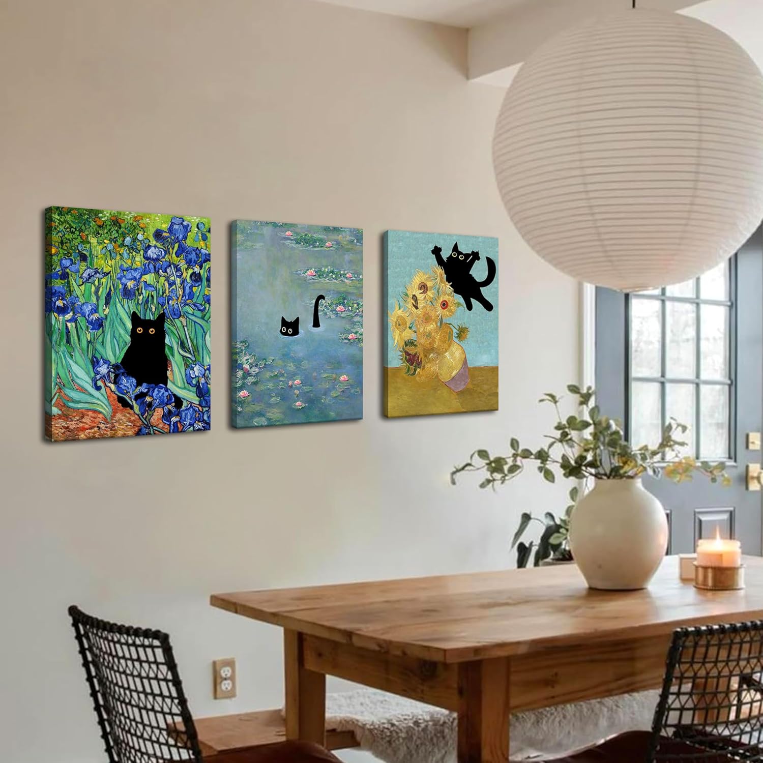 Monet Wall Art Set of 3 - Funny Cat in Water Lilies Canvas Paintings Prints, Van Gogh Sunflower Cat Aesthetic Pictures for Room Bedroom Living Room Bathroom 16x24 in Framed