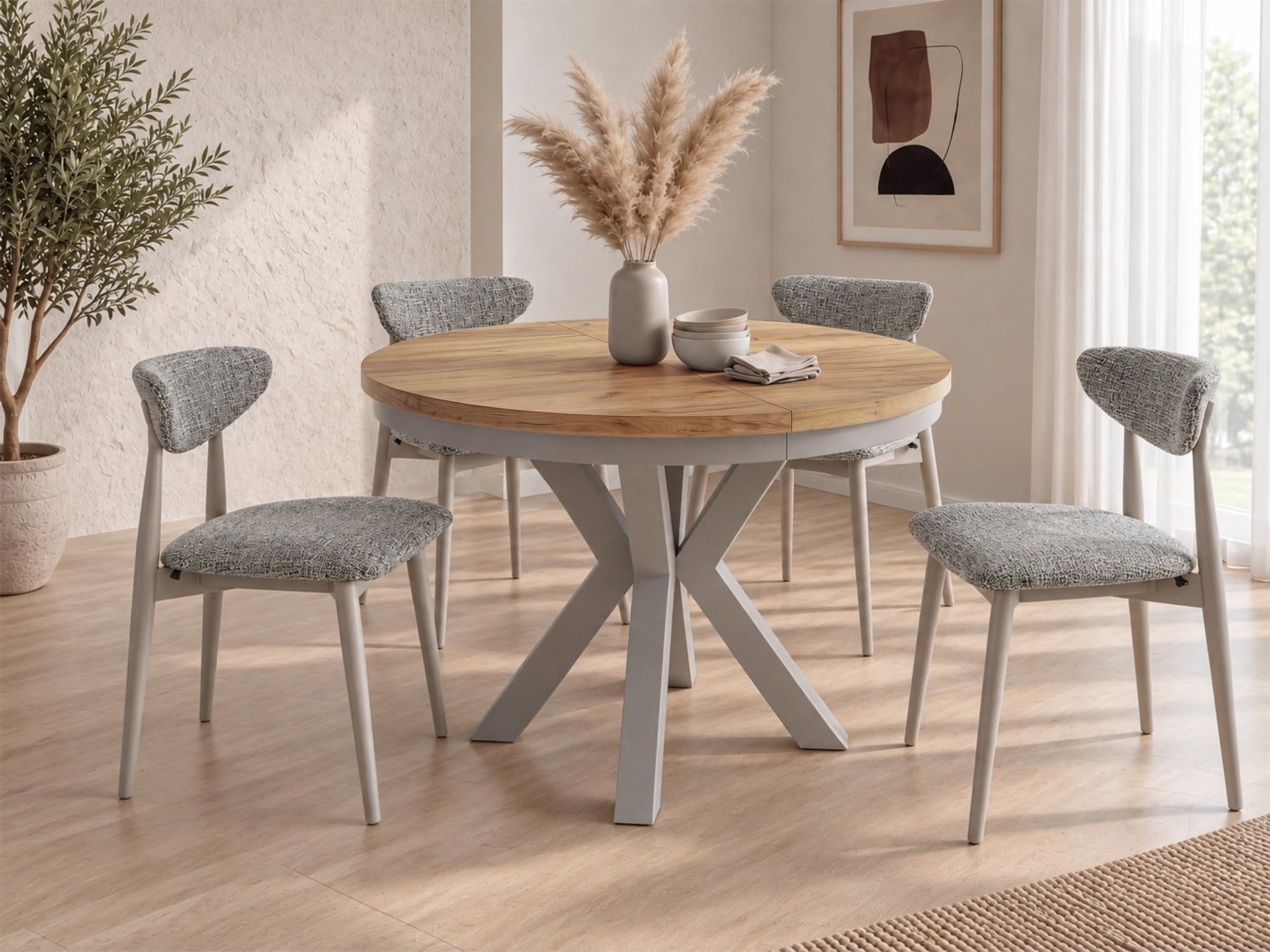 WFL GROUP Table à Manger Ronde Extensible Style Loft - Table Industrielle avec Pieds Métalliques Gris-Beige Cachemire - Table Gain De Place pour Salon - Chêne Craft Or - 120 à 200 Cm
