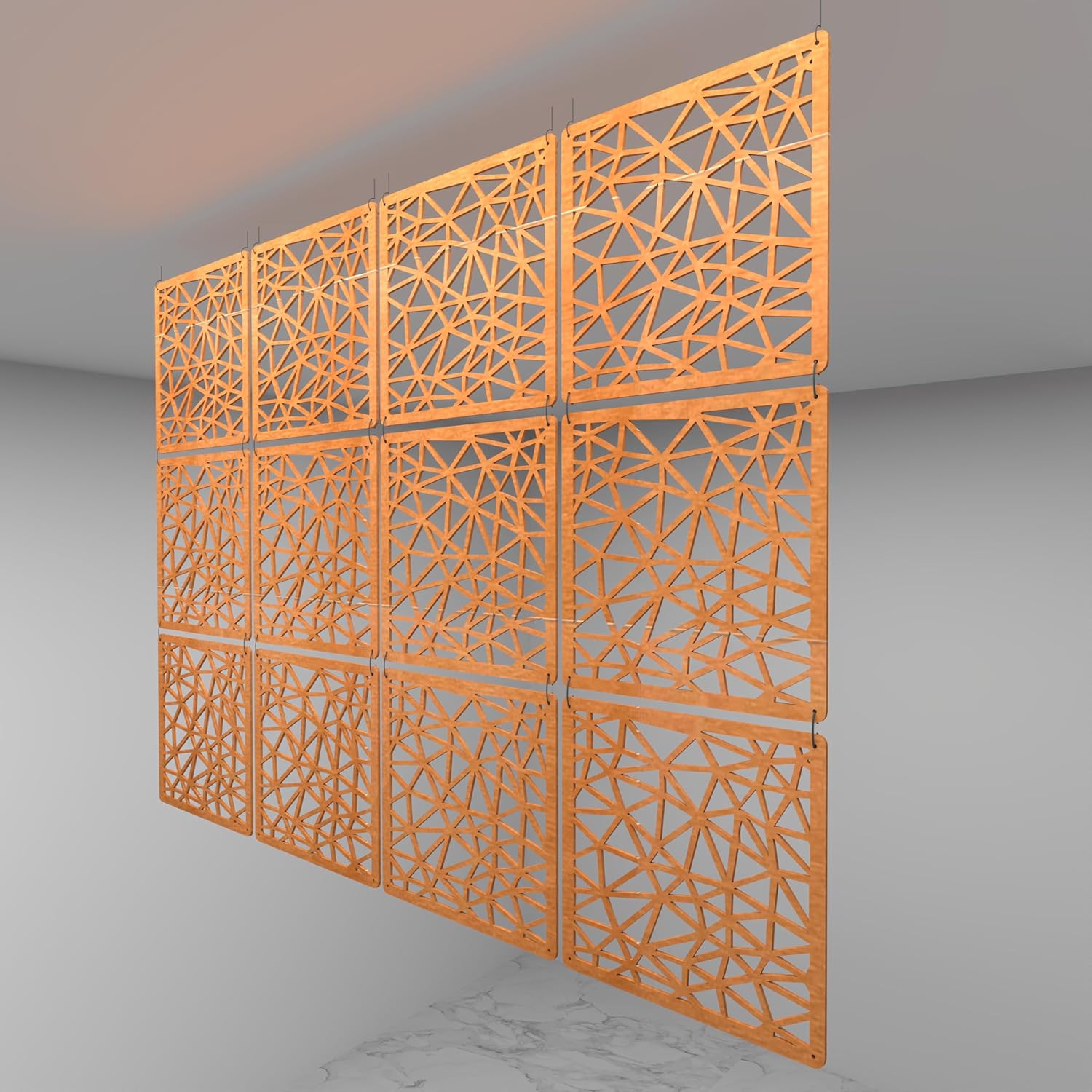 Modern Teak Wooden Hanging Room Divider Panels – CNC Cut Birch Plywood Privacy Screen, 12 Panel Decorative Hanging Partition with Premium Painted Finish for Home & Office