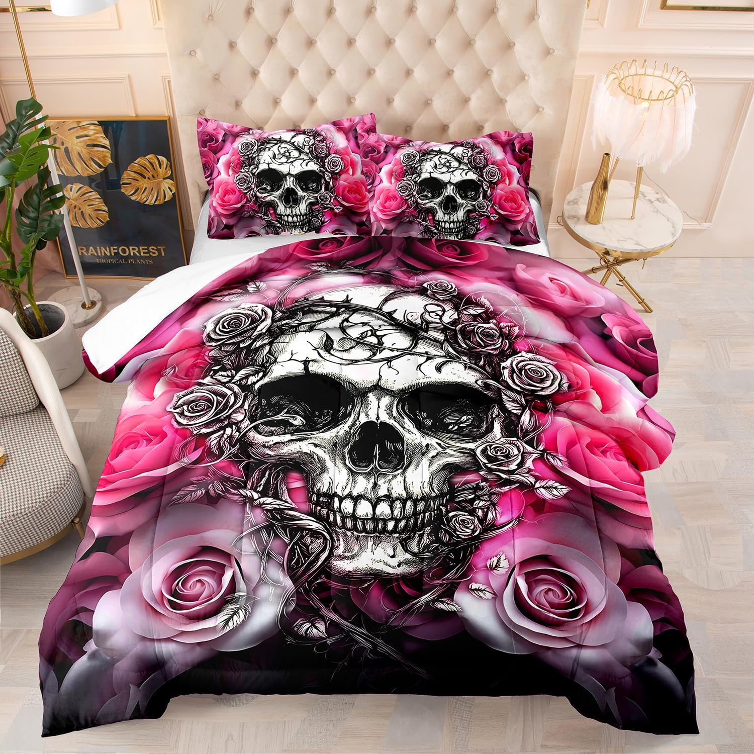 AILONEN Sugar Skull Comforter Set Queen Size,Black and White Skull Bedding Set for Kids Boys Adults,Goth Thorn Skeleton Comforter with 2 Pillowcases,3-Piece