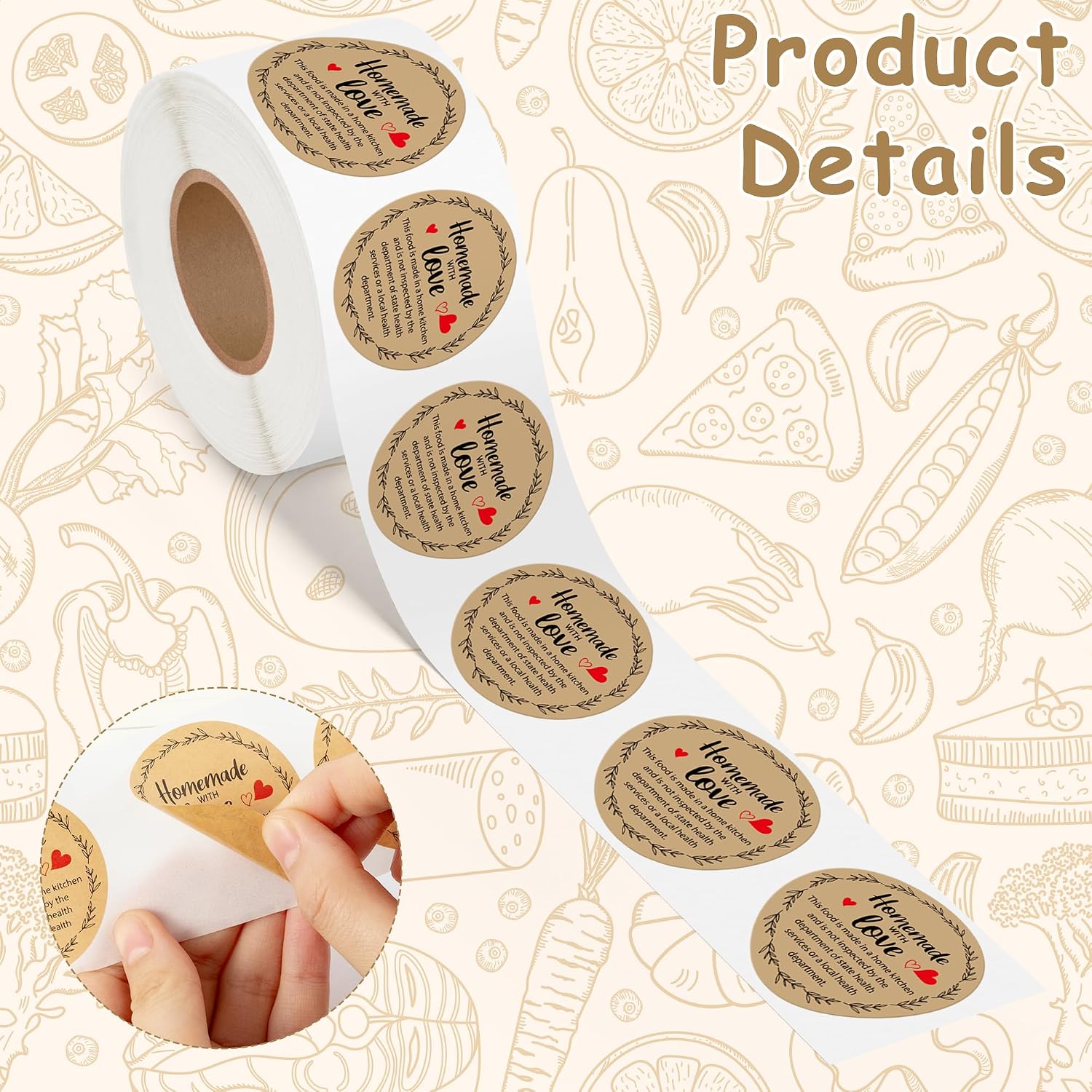 PANTIDE Cottage Food Law Labels Stickers - 500 Count Homemade with Love Adhesive Round Decal Roll, Made in A Home Kitchen Inspection Statement Thermal Printed for Packaging (2 x 2 Inch, Kraft Brown) image 3