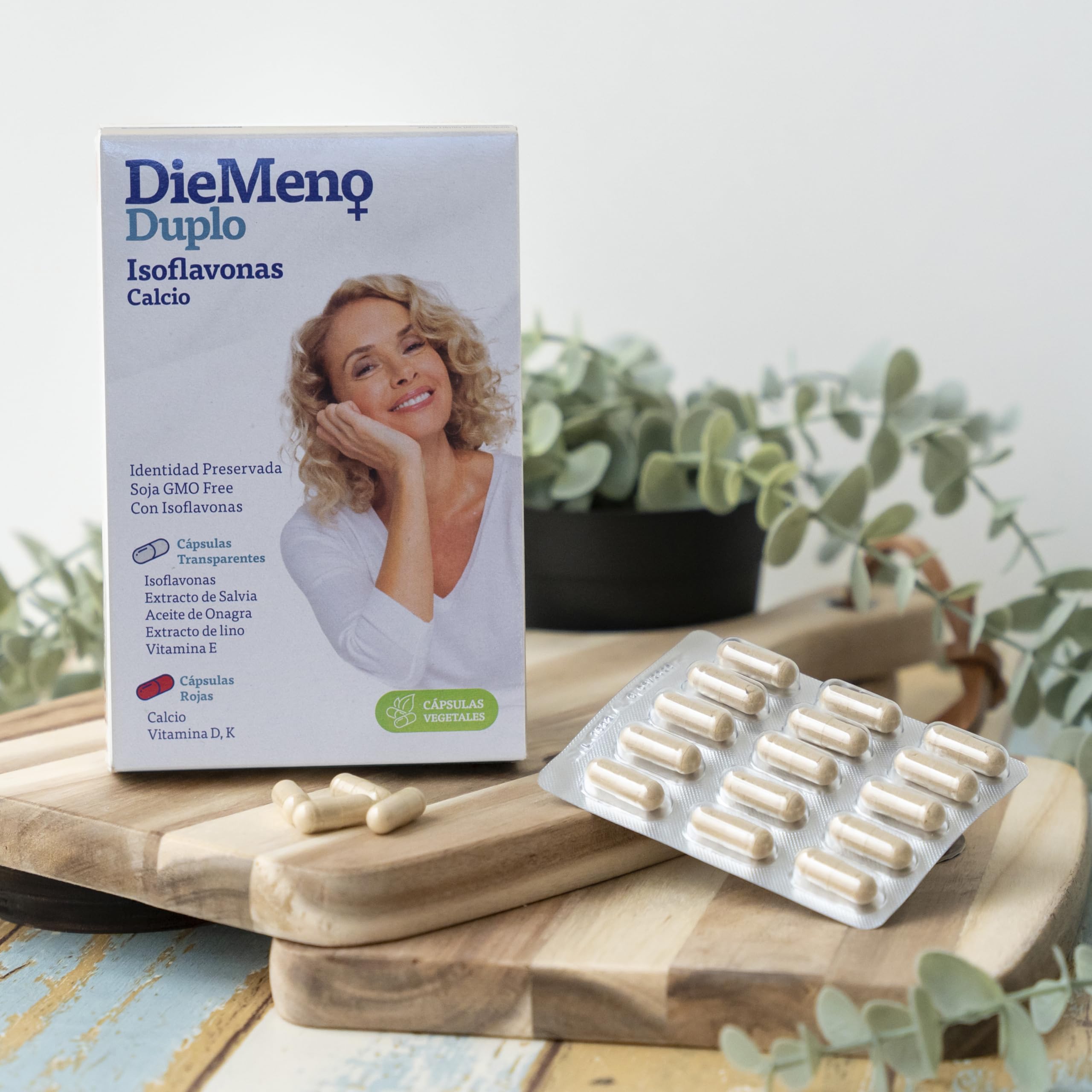 Duplo - Isoflavonas Calcio, Complemento Alimenticio, Cápsulas Entéricas ricas en isoflavonas con Calcio, Aliviar Síntomas de la Menopausia, 30+30 Cápsulas Día - Pack 6 Unidades de 60 Cápsulas