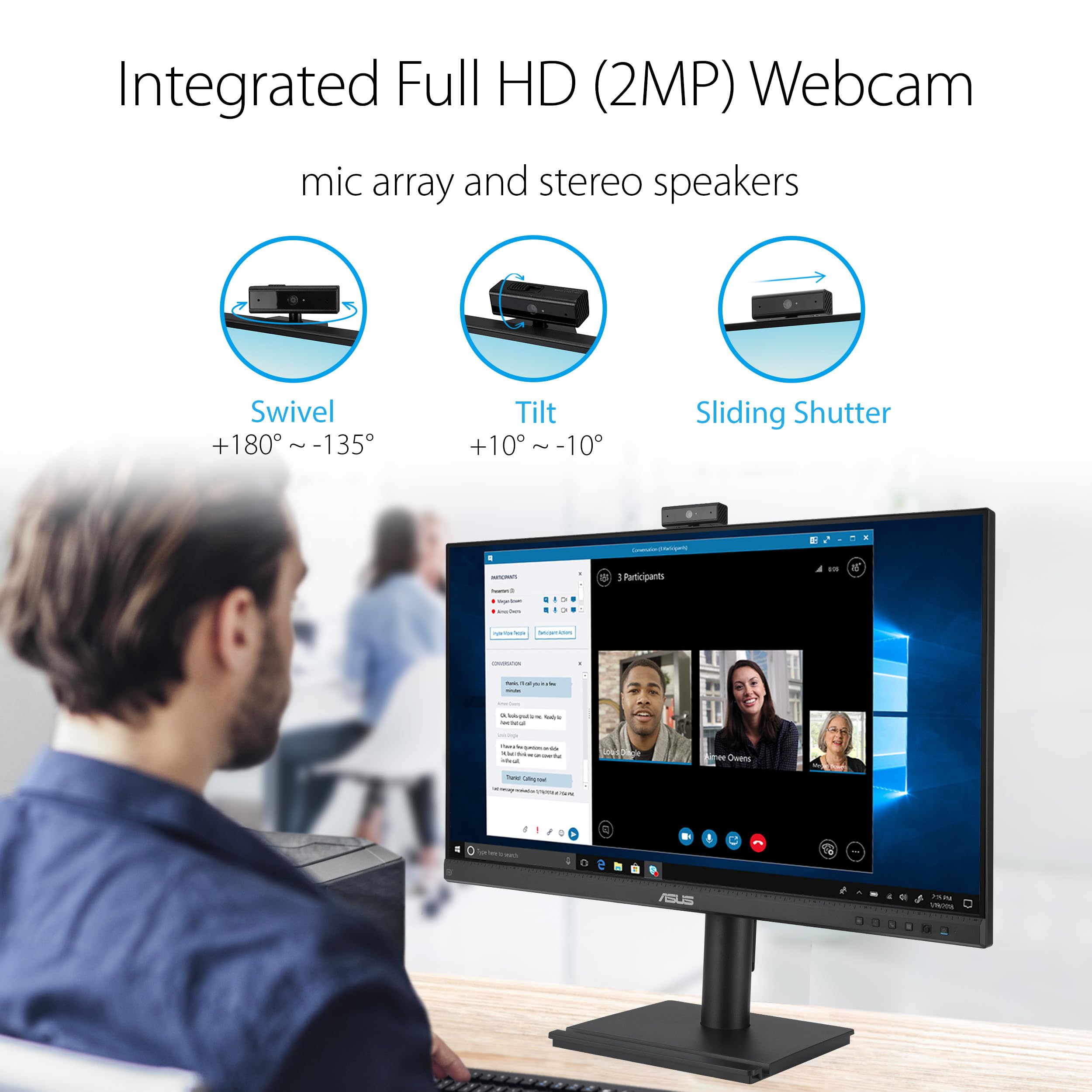 ASUS BE279QFK - Monitor para videoconferencias de 27", Full HD, IPS, 100 Hz, sin Marco, Webcam Full HD, Ergonómico, HDMI, Eye Care, Luz Azul Baja, Antiparpadeo, Montaje en Pared, Sostenibilidad