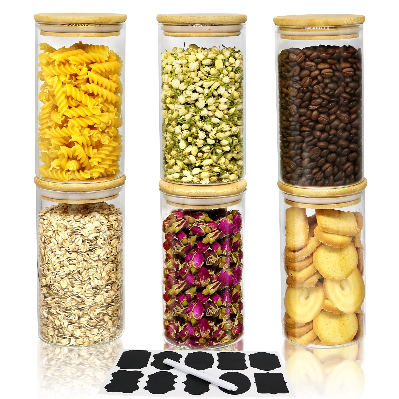 Hoanra 25oz Glass Jars with Airtight Bamboo Lids and Spoon Labels, Glass Food Storage Containers for Kitchen Pantry Organization for Coffee Tea Candy Cookie Nutsï¼ˆ6 Packï¼‰