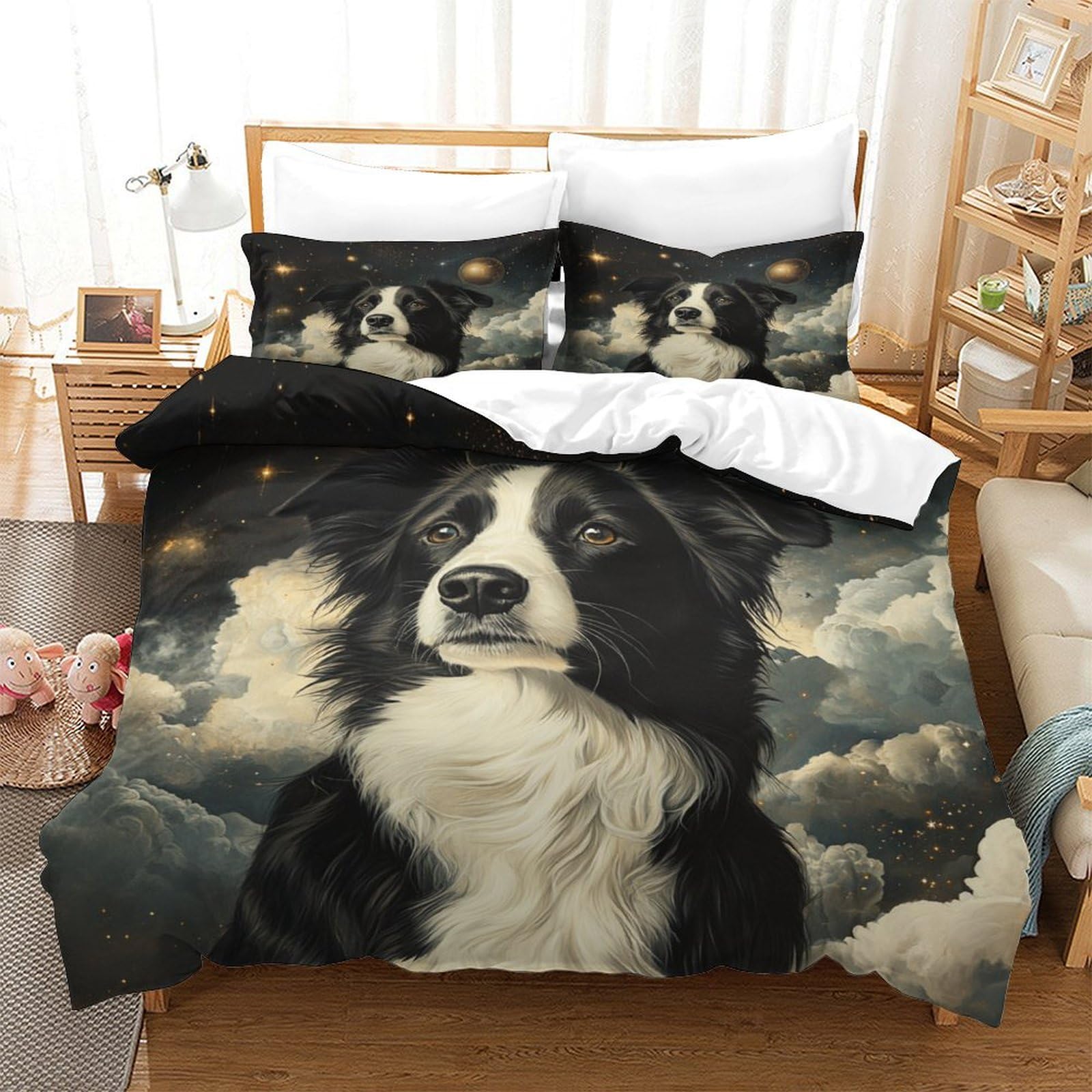 Linge de lit Border Collie 140x200 avec housse de couette 3 pièces et zip