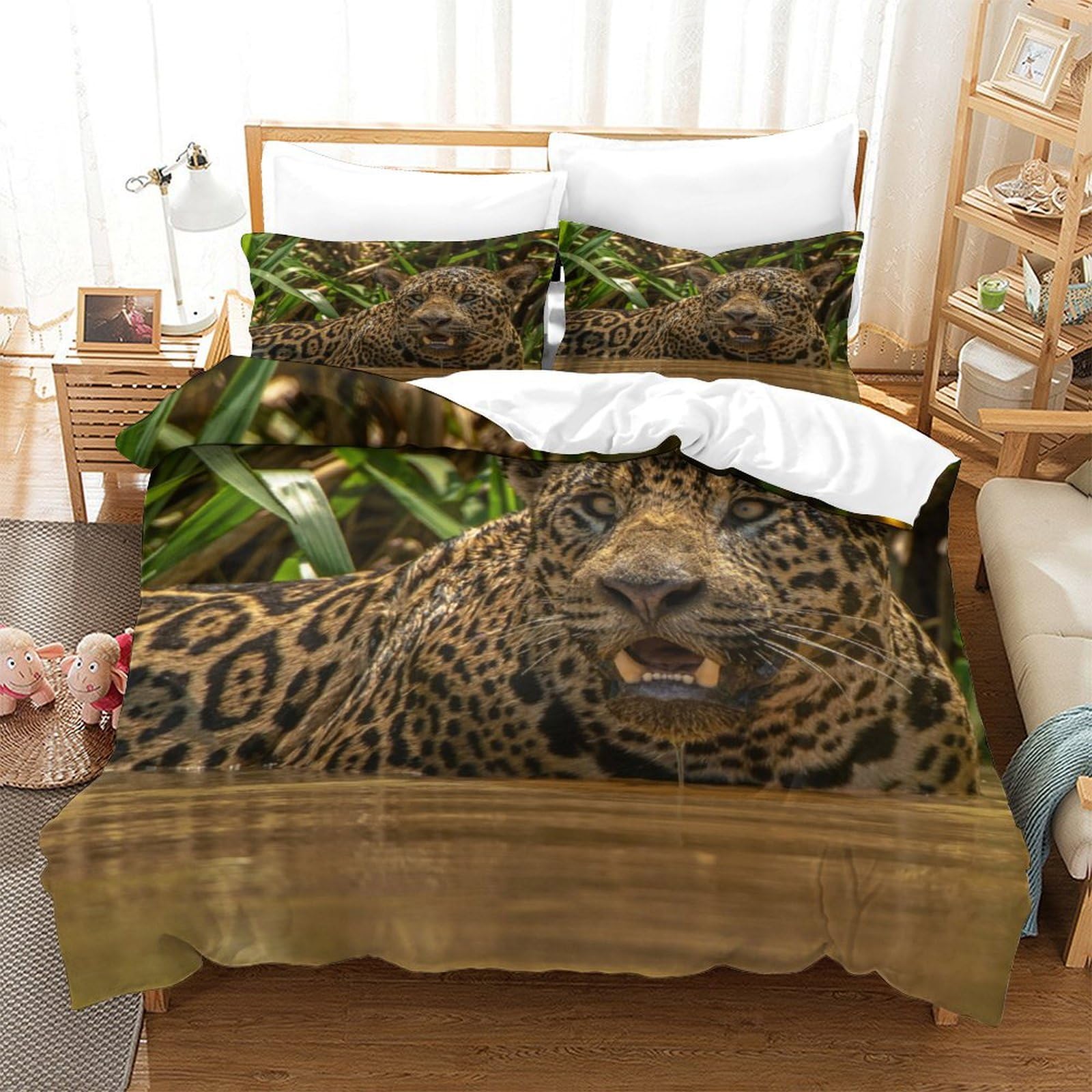 P1s9u7w5y Jaguar-3 3D Printed Jungle Leopard Duvet Cover Set 3Pcs Microfiber Animal Bedding Set Double（200X200cm）