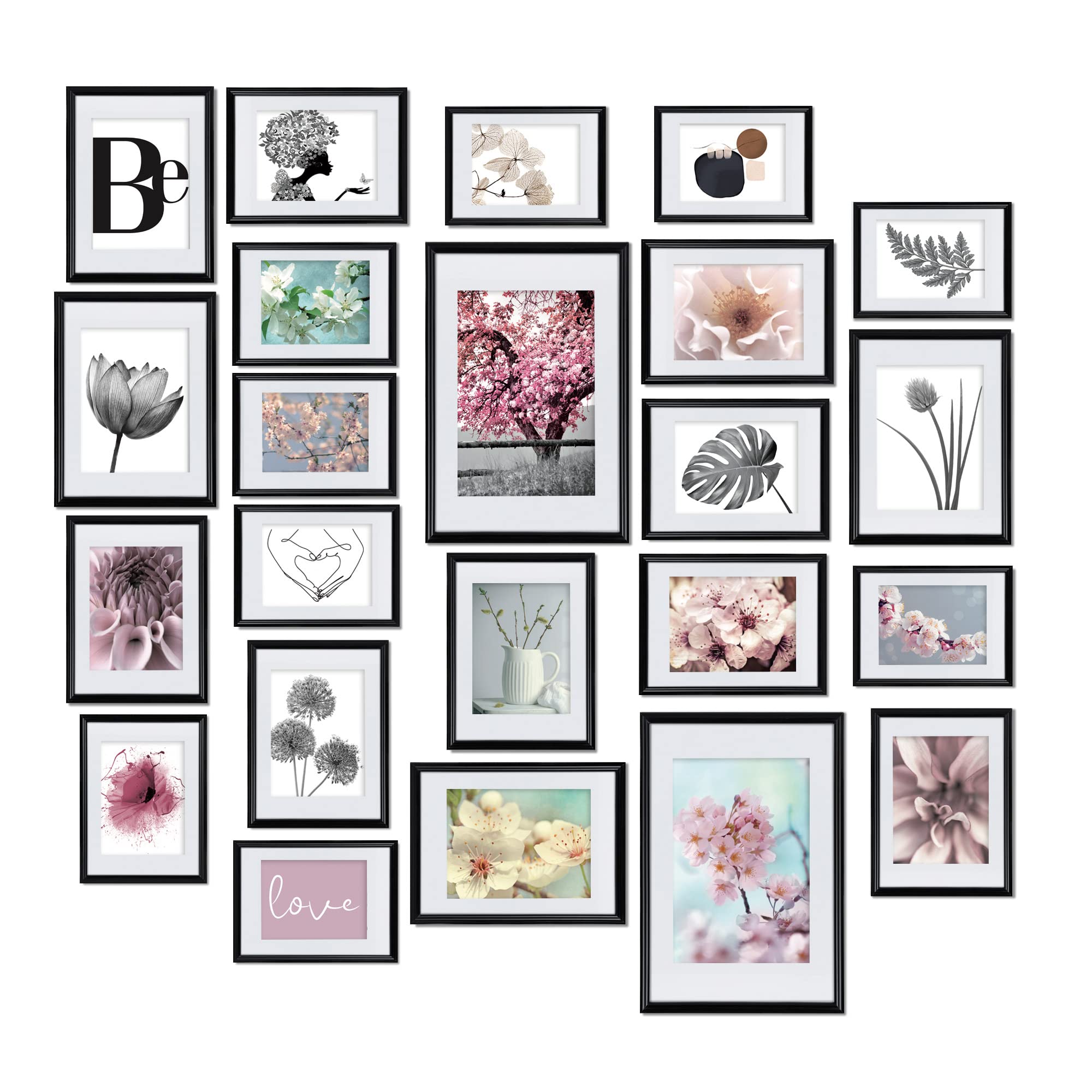 bomoe Bilderrahmen 24-teilig für Fotocollagen mit Passepartout | 10x10x15cm 8x13x18cm 4x15x20 2x20x30 Schwarz Kunststoff & Kunststoffglas Bilder Rahmen Fotocollage Wand Blossom