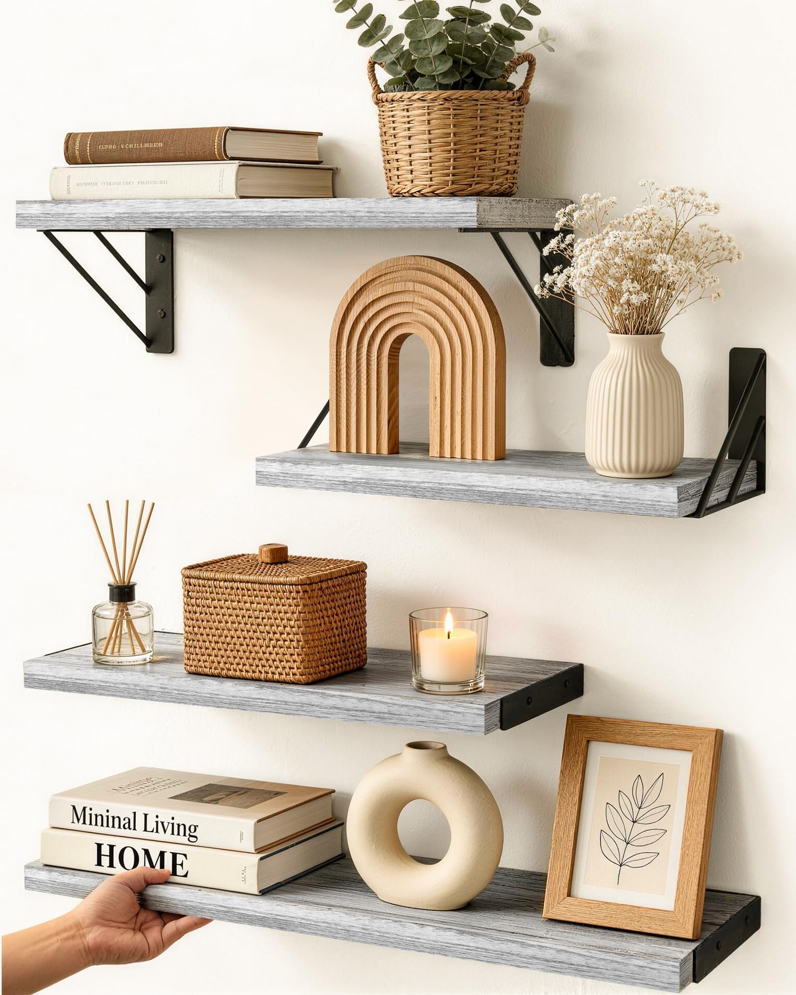bayka wall shelves for bedroom decor, floating shelves for living room kitchen storage, wall mounted rustic wood floating shelves for kids books, corner shelf for bathroom(gray whiteï¼Œset of 4)