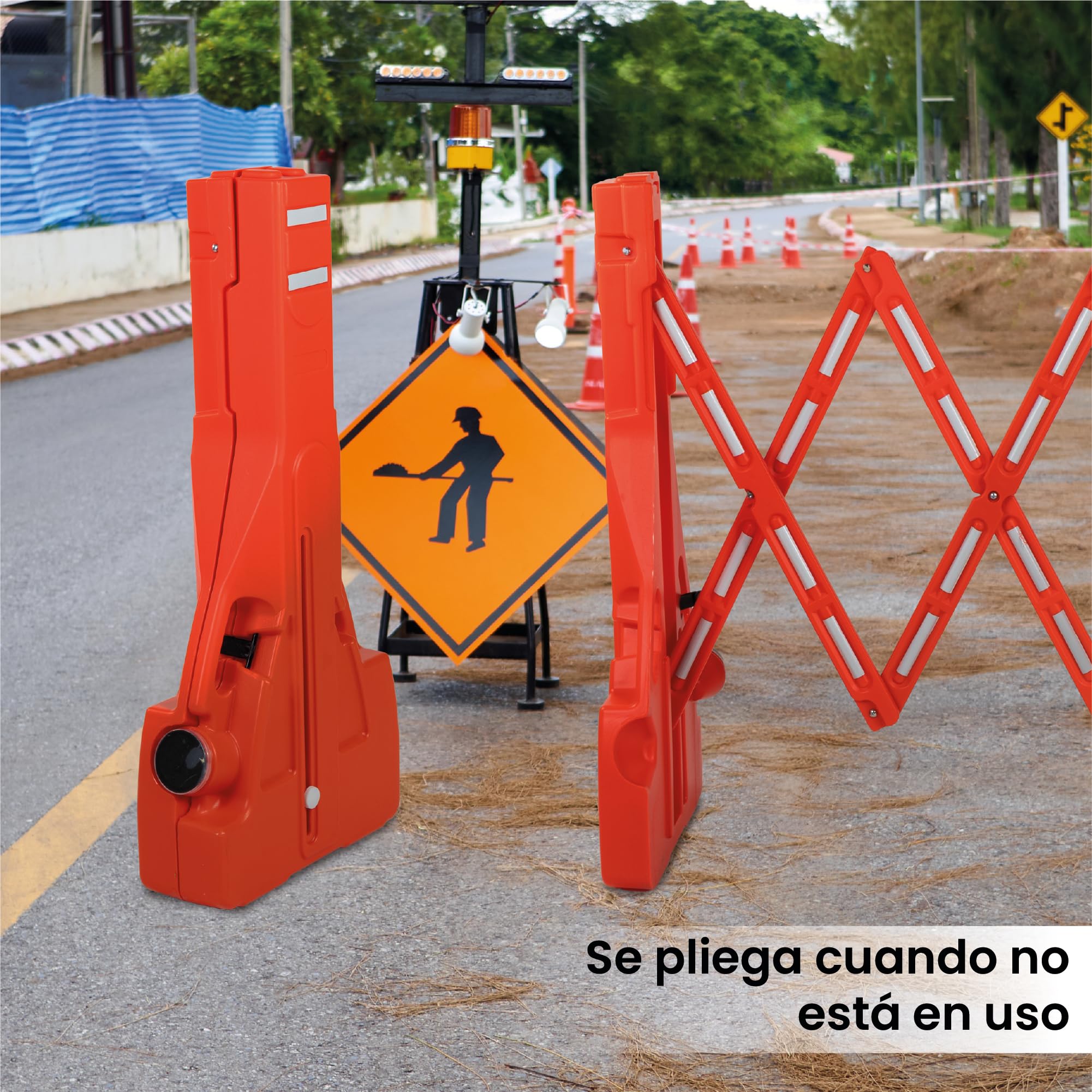 Barricada Extensible hasta 2m Rellenable y Reflectante – Vallas Extensibles de Obra – Barrera Portátil con Asa y Bloqueo para Seguridad, Construcción y Control de Espacios