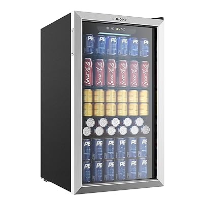 EUHOMY Beverage Refrigerator and Cooler, 128 Can Mini fridge with Glass Door, Small Refrigerator with Adjustable Shelves for Soda Beer or Wine, Perfect for Home/Bar/Office, Silver