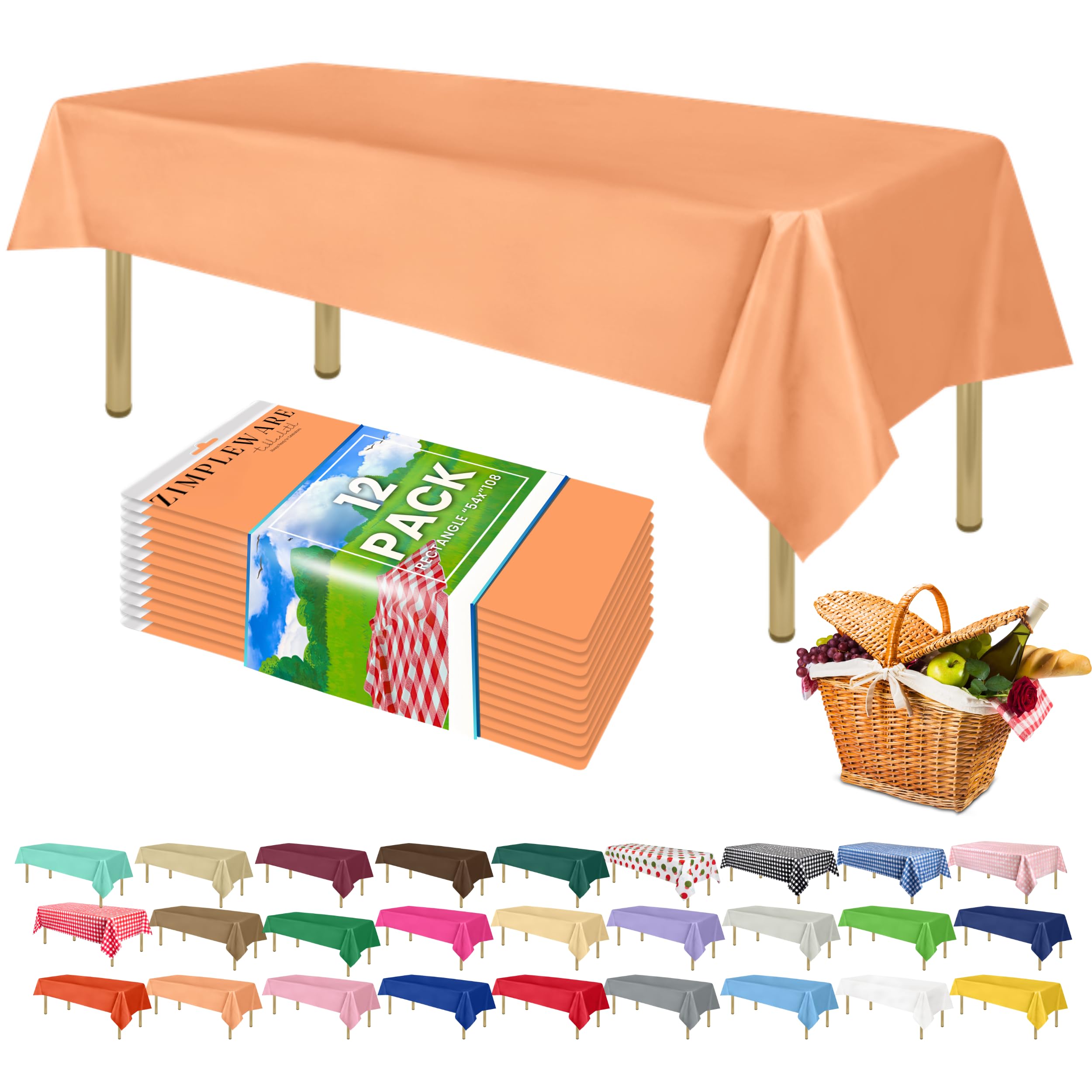 ZIMPLEWARE Premium Peach Plastic Table Cloth Disposable (12 Pk) Plastic Tablecloths for Rectangle Tables (54in x 108in) Party Table Cloths Disposable for 6ft to 8ft Rectangle Tables