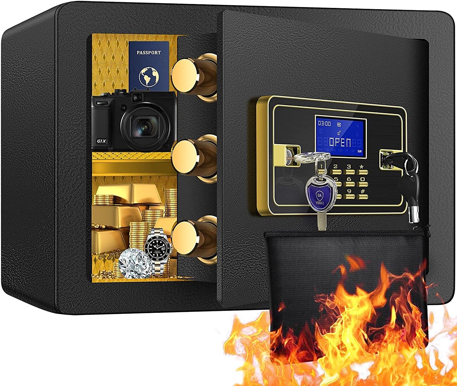 0.8Cub Digital Fireproof Safe Box with Fireproof Waterproof Money Bag, Home Safe with Double Keys Lock and Password, Safe Lock Box for Home Office Cash Jewelry Documents