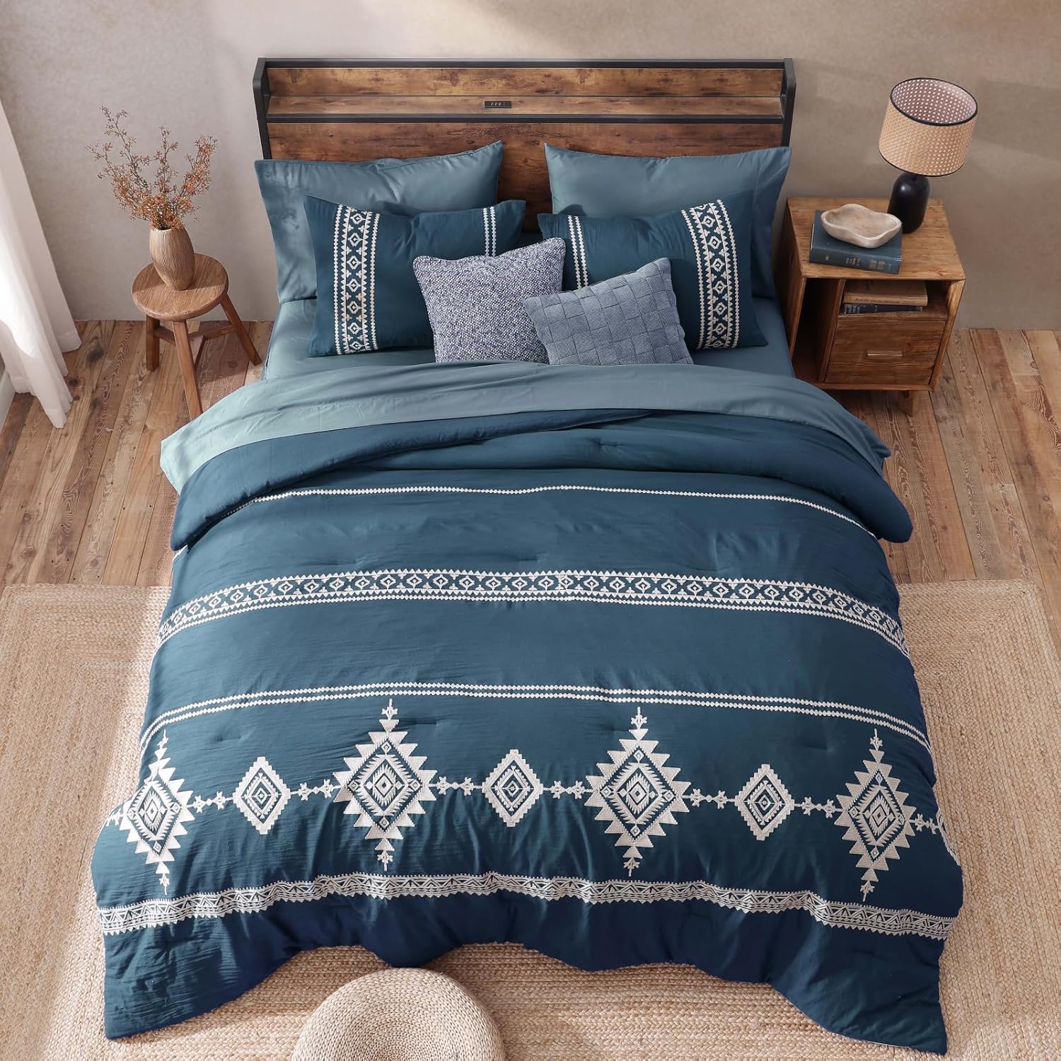 MaiRêve Embroidery Queen Size Comforter Set Navy Blue, Boho Farmhouse Western Bedding Set 7 Pieces, All Season Bed in A Bag Comforter Set with Sheets, Pillowcases & Shams - Image 4