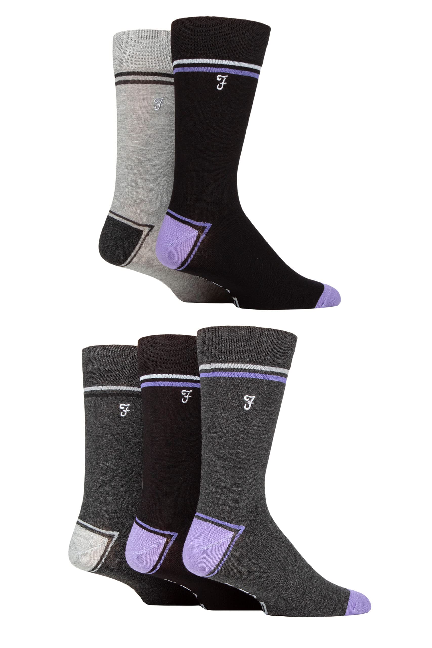 Farah Mens Bamboo Socks Plain and Patterned Striped Argyle Spotty Designs, Bright Colourful, Gift for Him, 5 Pairs - Contrast Heel & Toe Black/Purple 6-11