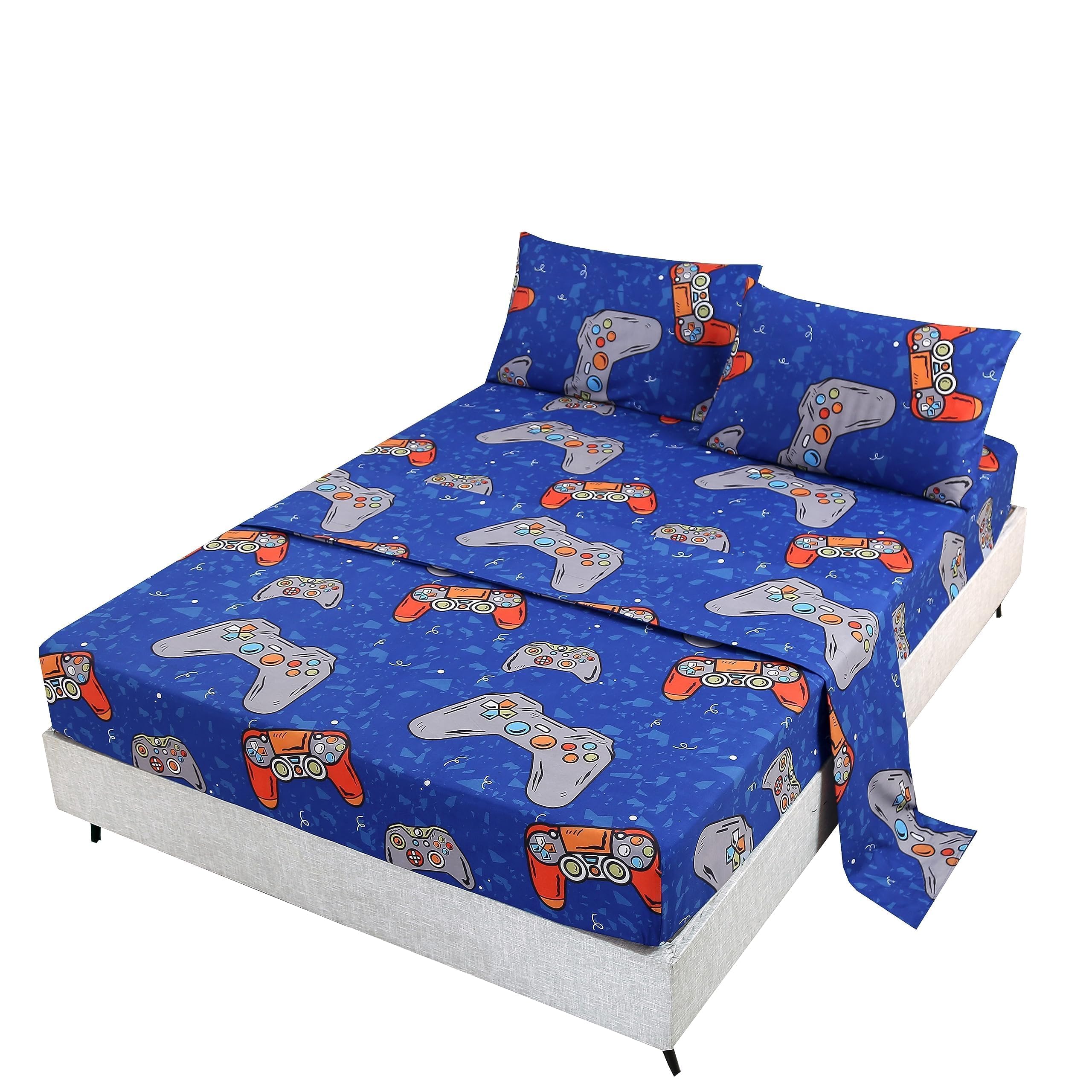 SDIII 4PCS Blue Gamer Sheets Set Full, Soft Microfiber Gaming Bedding Sheet Full, Blue Game Sheets Sets for Boys Girls Kids and Teens All Season