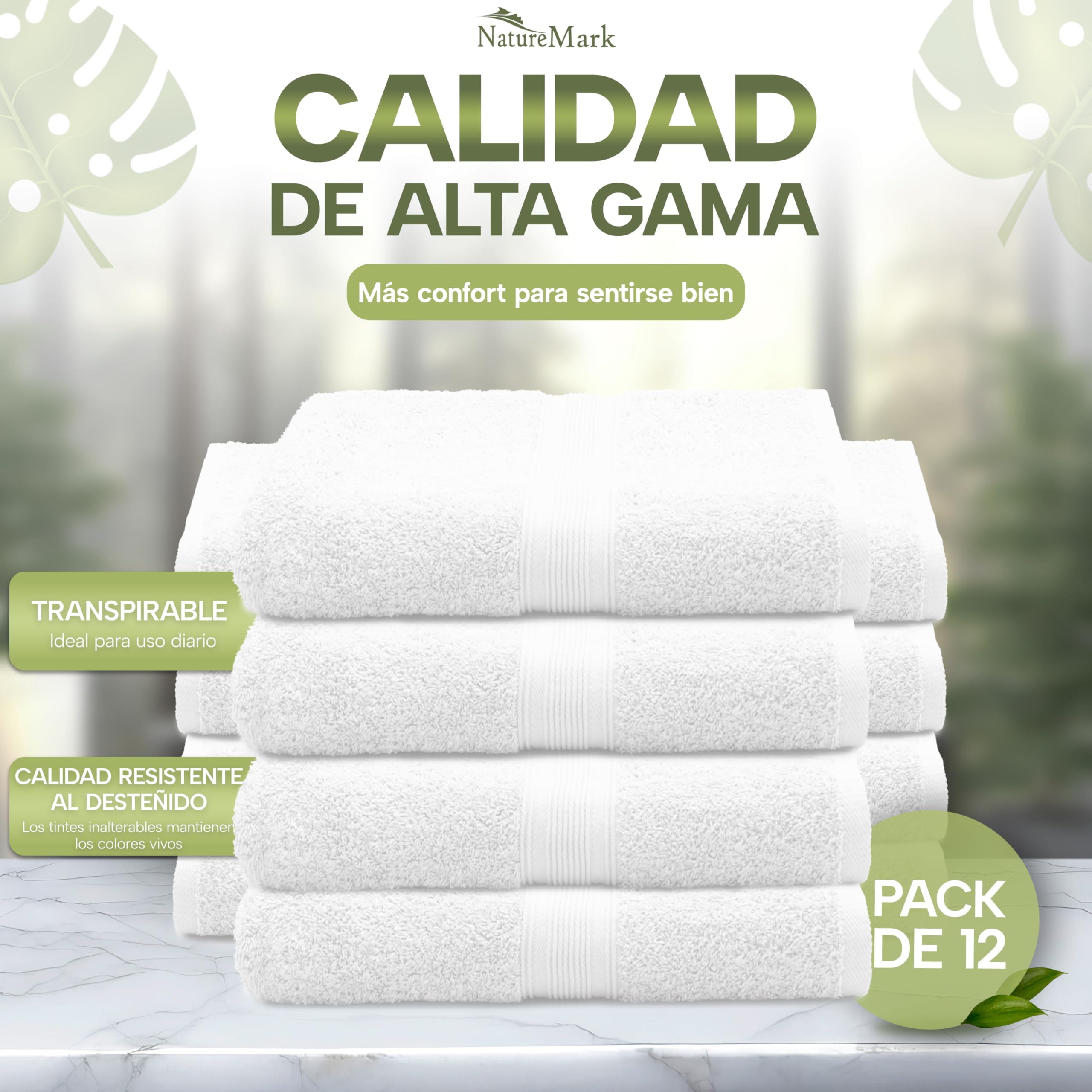 NatureMark Toallas de Invitado – Pack de 12 (30x50 cm), 100% Algodón, Certificación Oeko-Tex, Suaves, absorbentes y fáciles de cuidar – para baño, Invitados y SPA – Color Blanco