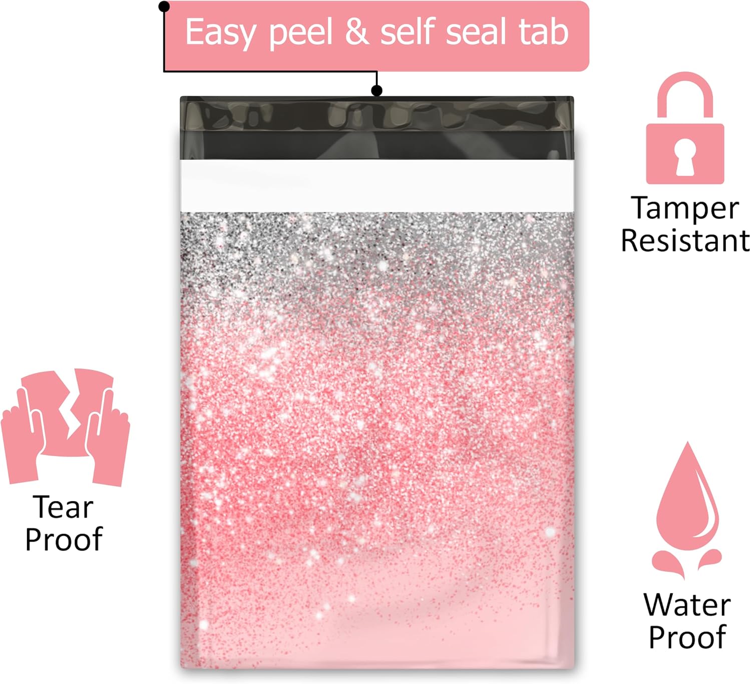 10x13 (100) Pink Glitter Transition Valentine's Day Designer Poly Mailers Waterproof Self Sealing Tear Resistant Polymailers Shipping Envelopes Premium Printed Bags For Small Businesses