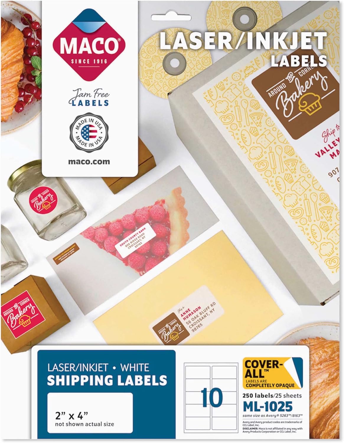 MACO Laser/Ink Jet White COVER-ALL Shipping Labels, 2 x 4, 10 per Sheet, 250 per Pack (ML-1025)