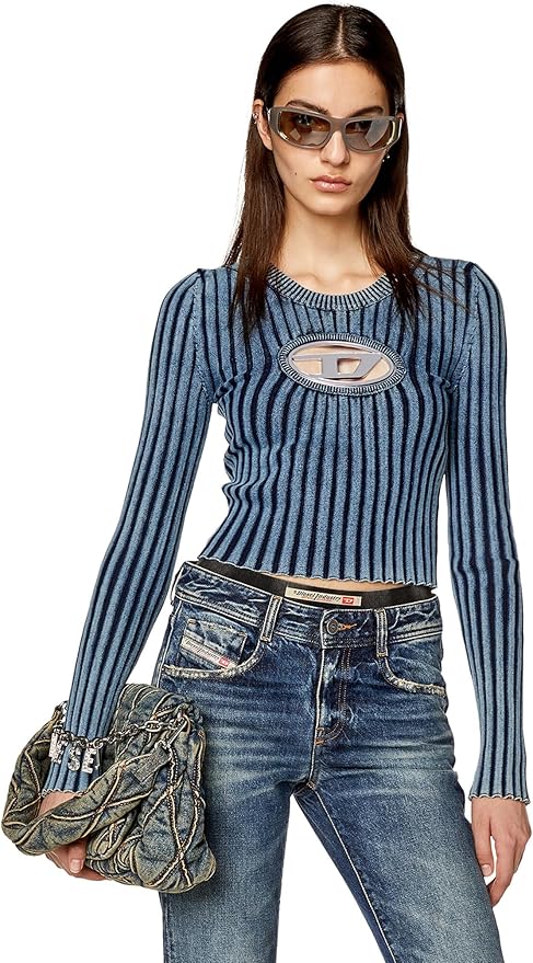DIESEL レディース 長袖 トップス インディゴ リブ オーバルロゴ セール】レディース 長袖 トップス インディゴ リブ オーバル