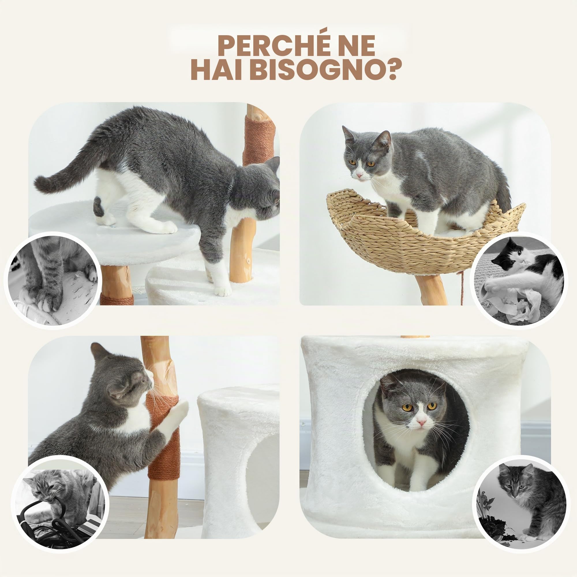 PawHut Albero per gatti altezza 102 cm, torre di gioco per gatti con tiragraffi, piattaforma, letto, cuccia, morbido cuscino lavabile, tessuto felpato, multilivello, bianco