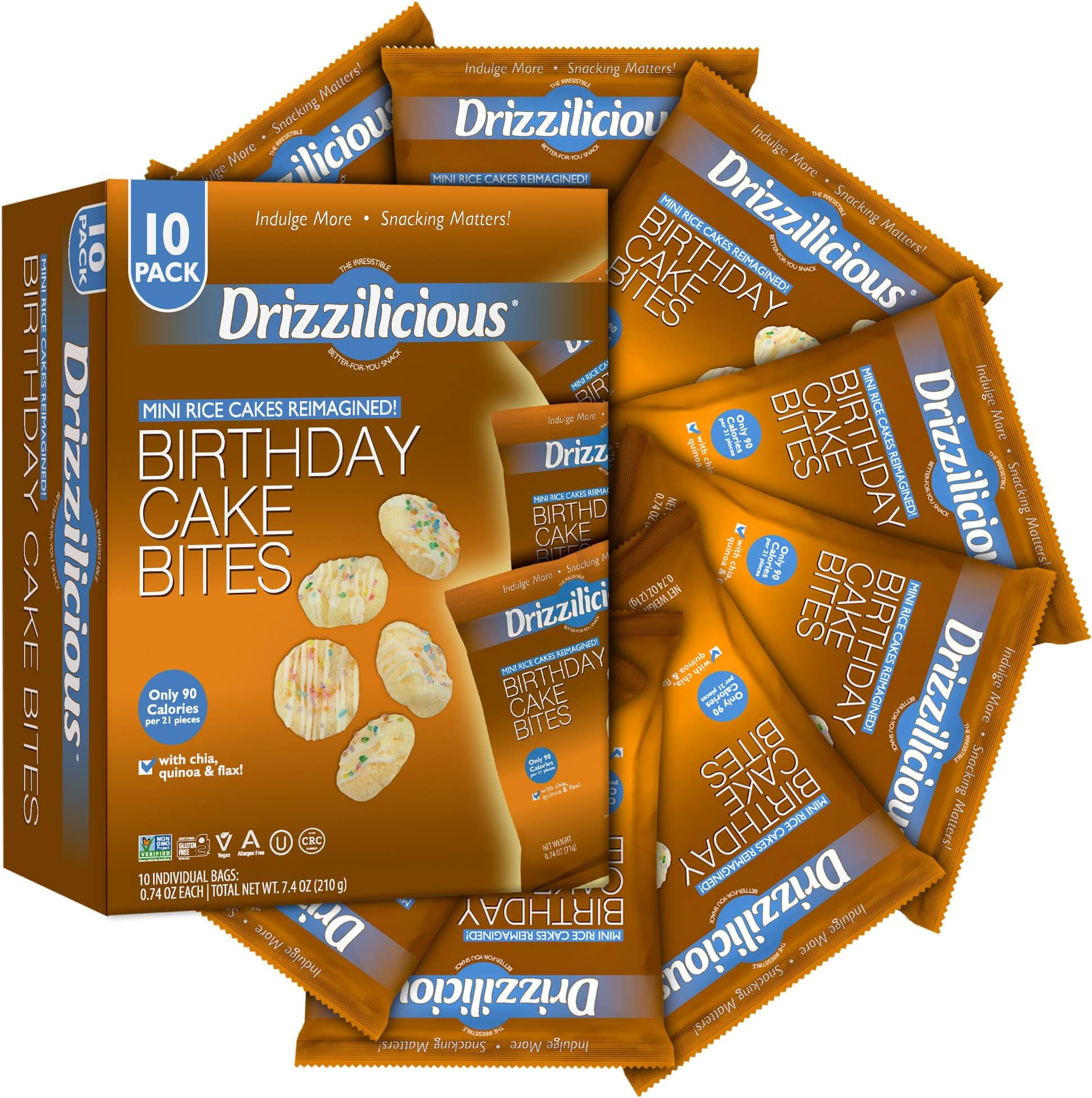 โ Mini Rice Cakes with White Chocolate Drizzle - Non GMO, Gluten Free, Rice Snacks - Pack of 10 (21g Each), Birthday Cake Flavor, Rice Crisps Snack