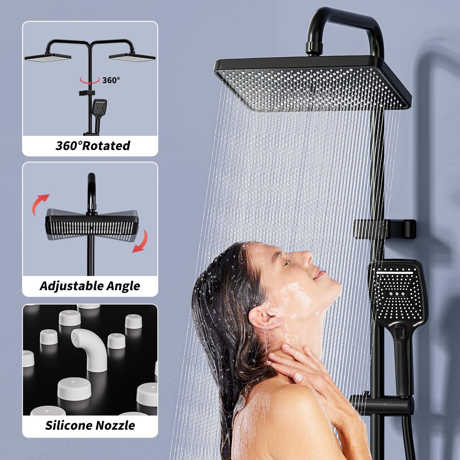 YJYAJIE Colonna Doccia con Miscelatore, Set Doccia Quadrato con Display a LED, Soffione Doccia Grande 31x20cm, Doccetta a 3 Funzioni, Getto Concentrato e Rubinetto per Vasca, Nera